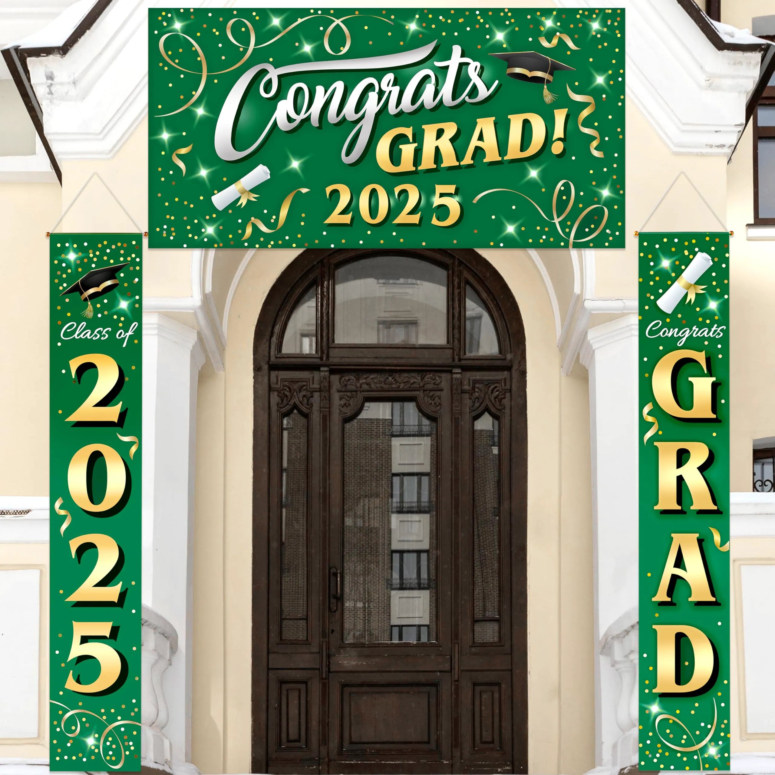 JOYIN 3 Pcs Graduation Decorations Class of 2025, Satin Fabric Congrats Grad Banner Set, Green & Gold Party Backdrop and Banner Hanging Porch Supplies for College Graduation Party Indoor Outdoor Decor