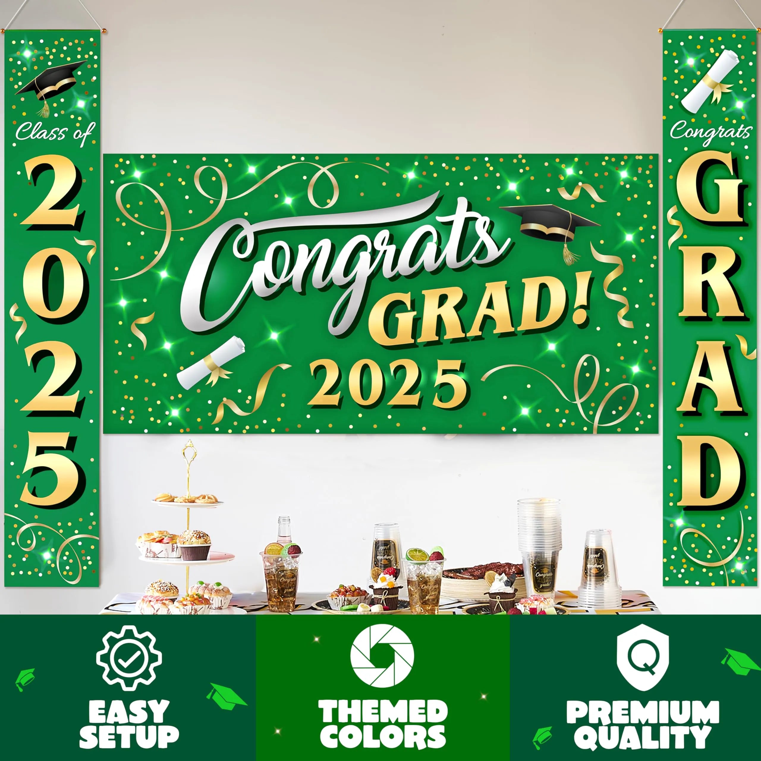 JOYIN 3 Pcs Graduation Decorations Class of 2025, Satin Fabric Congrats Grad Banner Set, Green & Gold Party Backdrop and Banner Hanging Porch Supplies for College Graduation Party Indoor Outdoor Decor