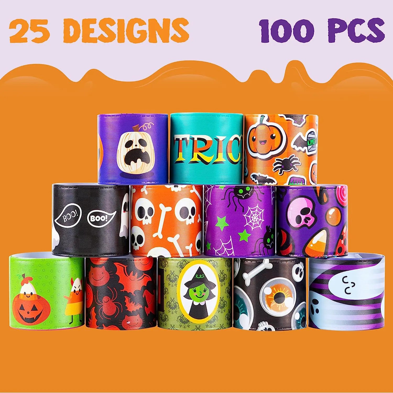 100 Pack Halloween Friendship Slap Bracelets for Kids