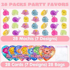 28 Glitter Mochi Squishy Toys with Valentine Cards for Classroom Exchange