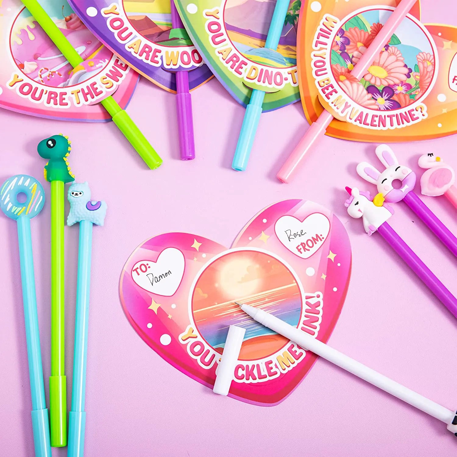 28Pcs Kids Valentine's Cards with Animal Pens - Classroom Exchange Gifts