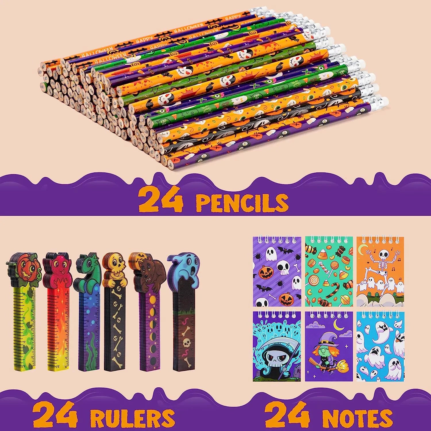 Halloween Pencil, Ruler & Notepad Set - 24 Pack