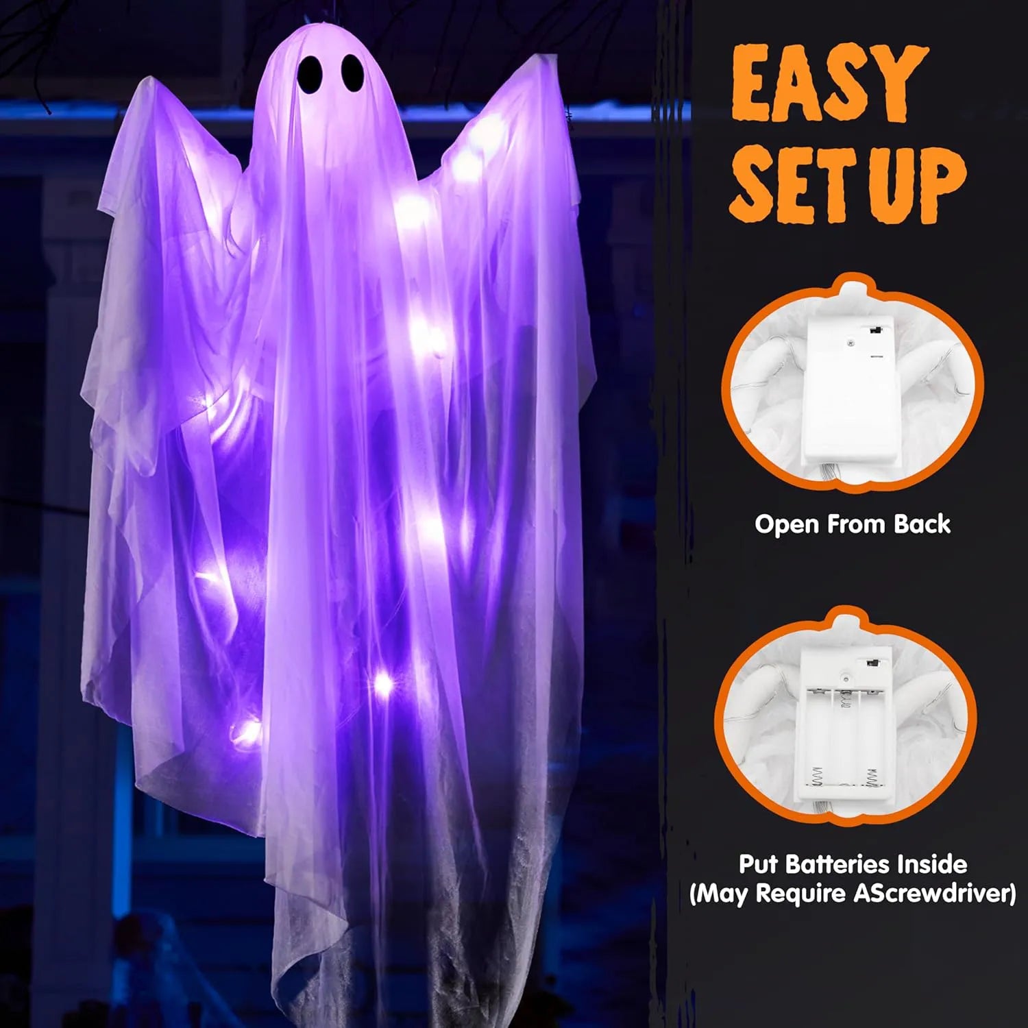 35.5" Halloween Hanging Ghost with Purple LED Light