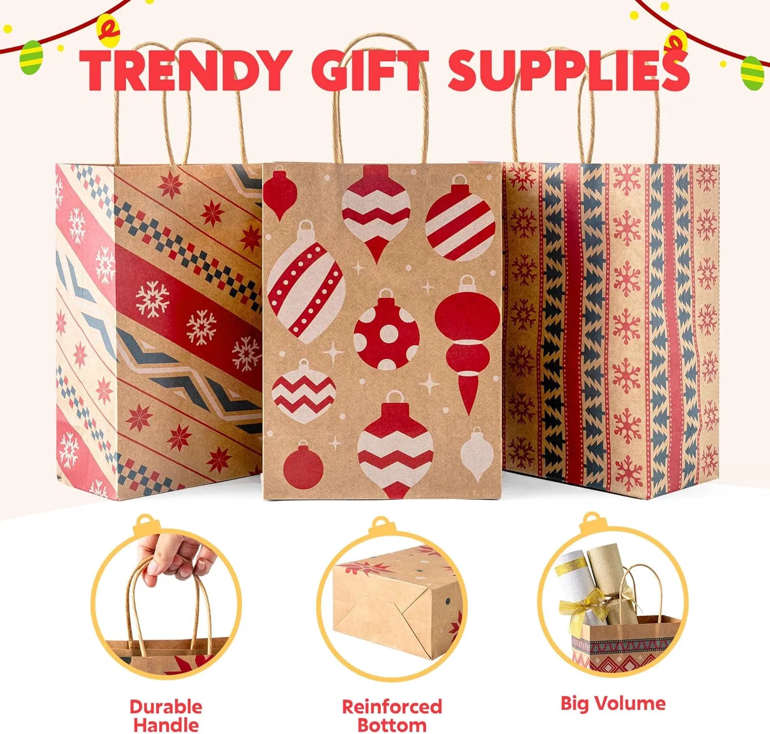 24 PCS Christmas Kraft Gift Bags with Durable Handles and Non-Breaking Bottoms for Holiday Gifts