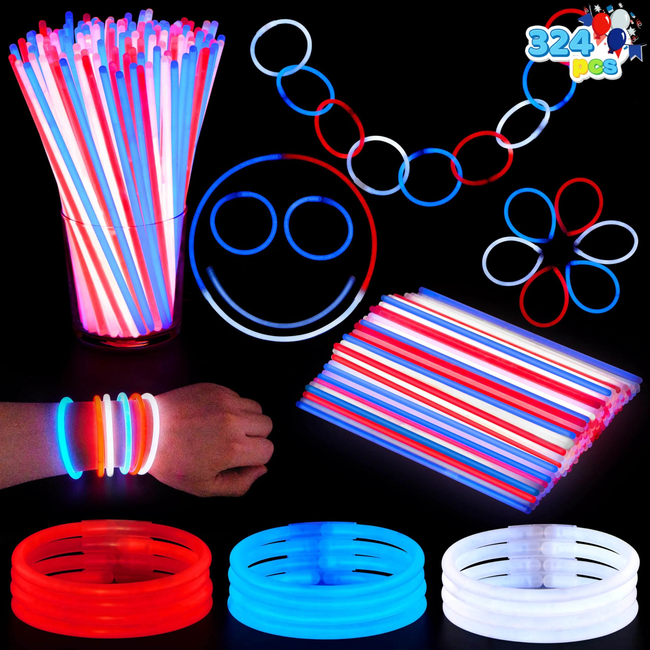 JOYIN 324-Piece 4th of July Glow Sticks with Connectors - 8" Red, White & Blue Glow-in-the-Dark Bracelets & Necklaces for Kids & Adults - Patriotic Light-Up Toys for Independence Day Party Favors