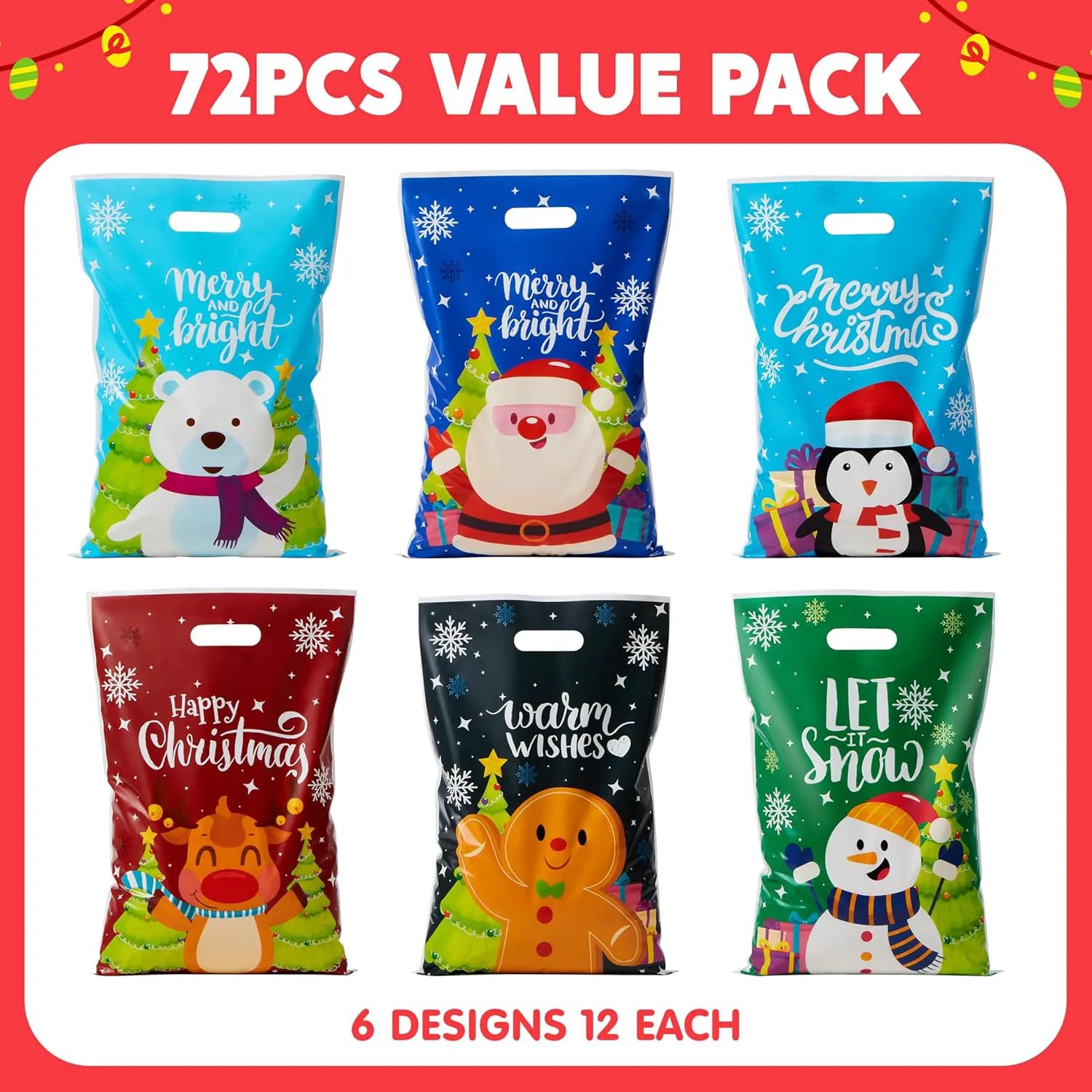72 Pack Christmas Plastic Goodie Bags with Handles