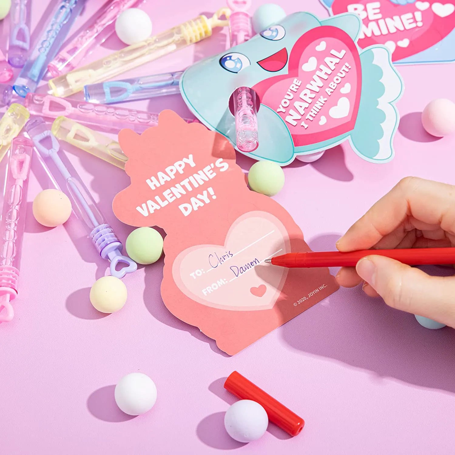 36-Pack Kids Valentine's Cards with Mini Bubble Maker Wands - Classroom Exchange Gifts