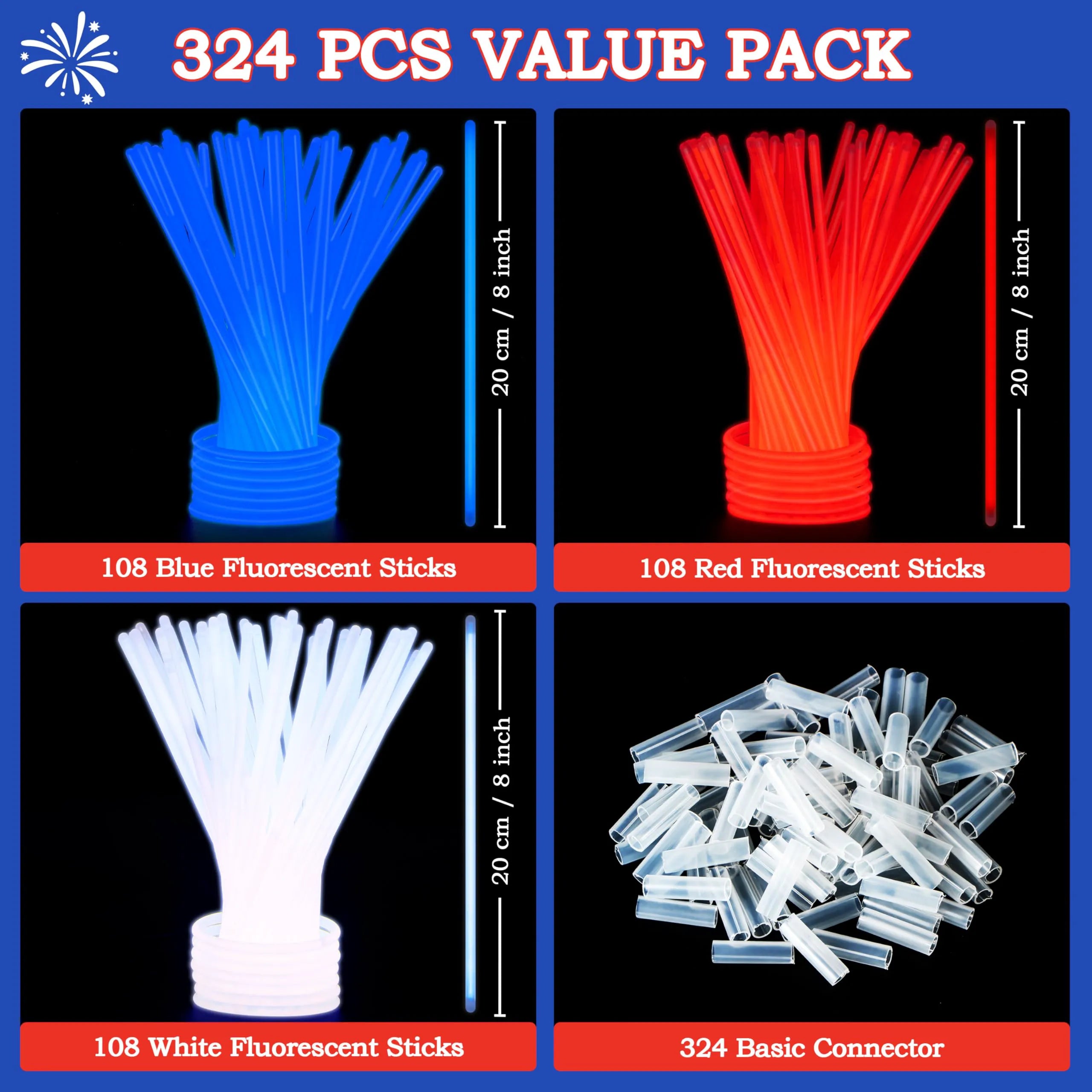 JOYIN 324-Piece 4th of July Glow Sticks with Connectors - 8" Red, White & Blue Glow-in-the-Dark Bracelets & Necklaces for Kids & Adults - Patriotic Light-Up Toys for Independence Day Party Favors
