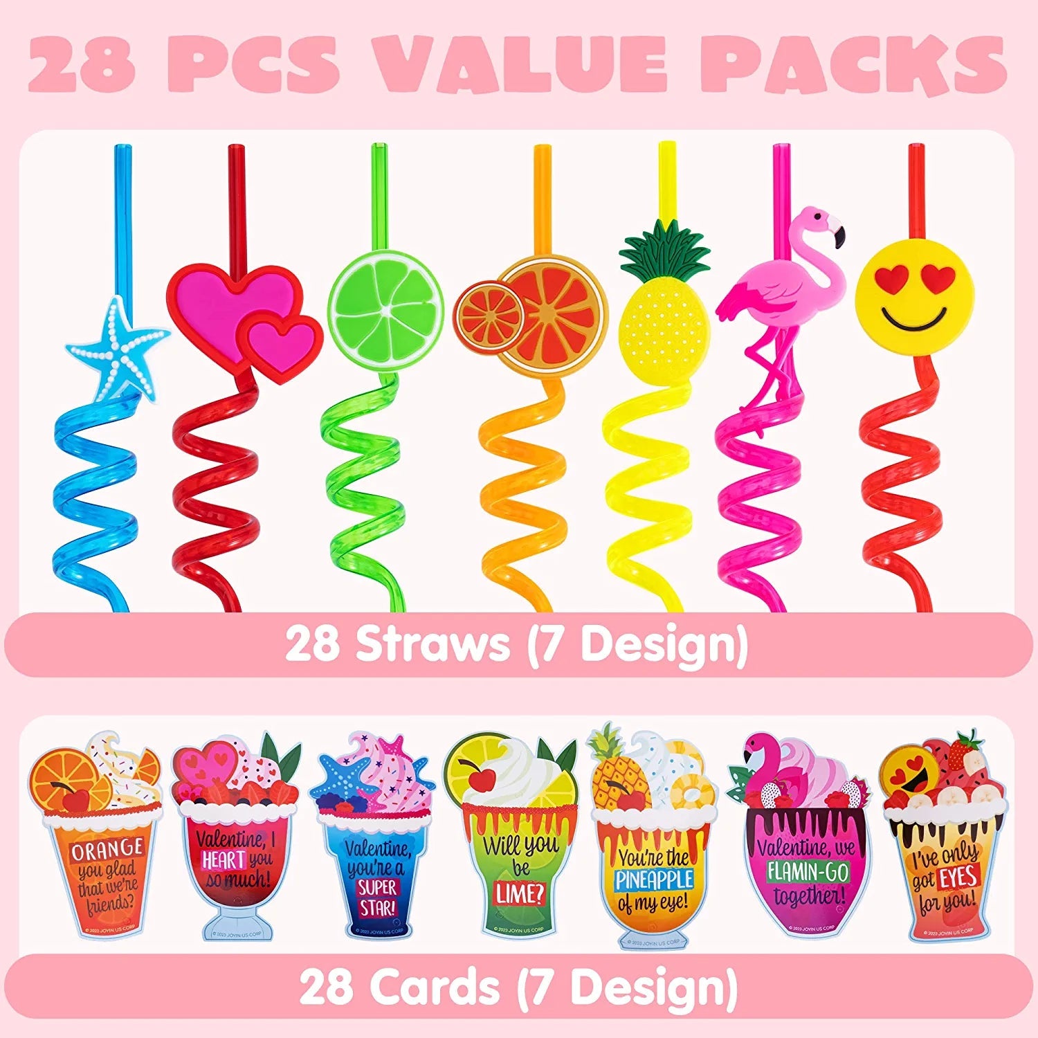 28 Reusable Drinking Straws with Kids' Valentine Cards for Valentine Party Favors