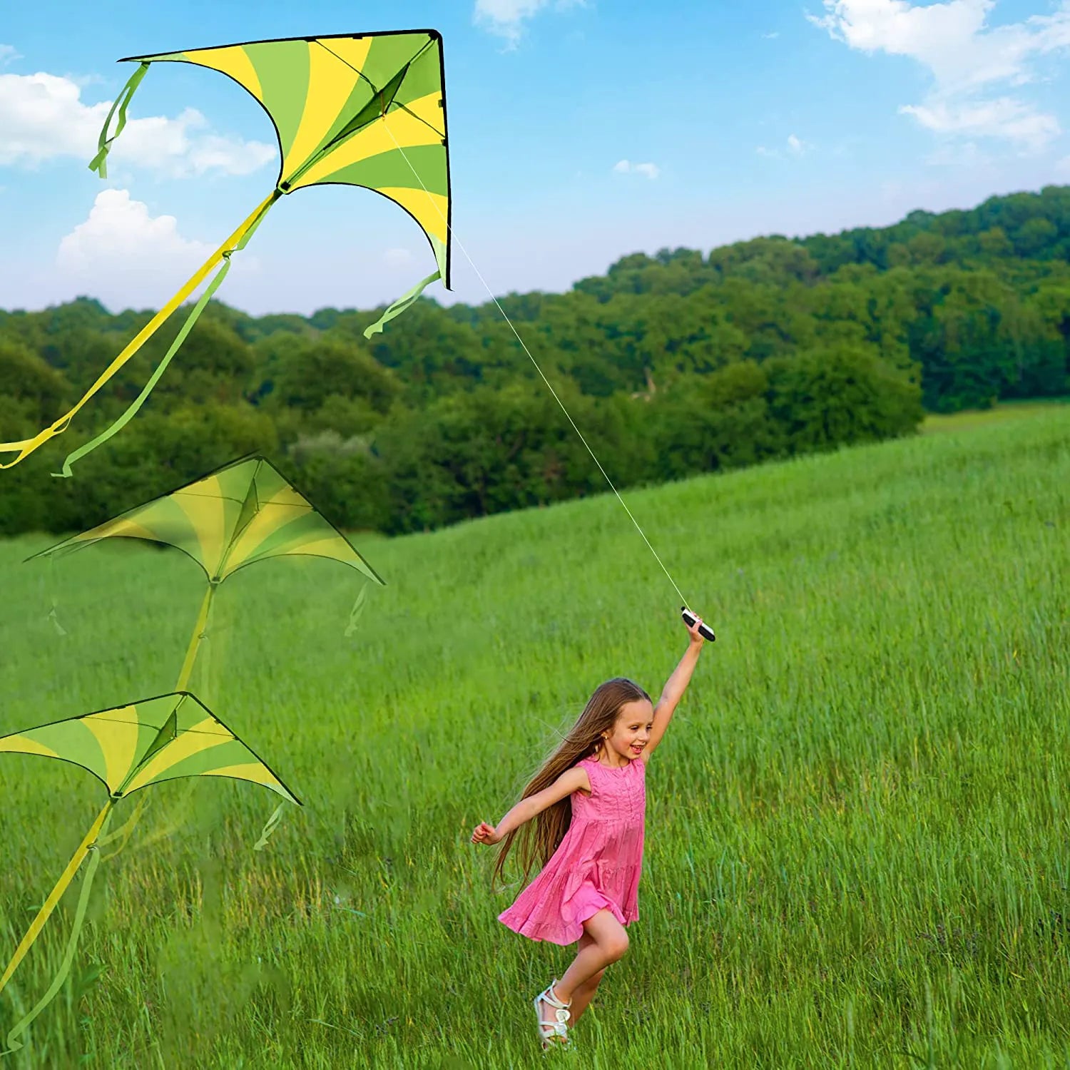 3-Pack Big Delta Kite Set (Green, Blue & Rainbow) with 262.5ft Kite String