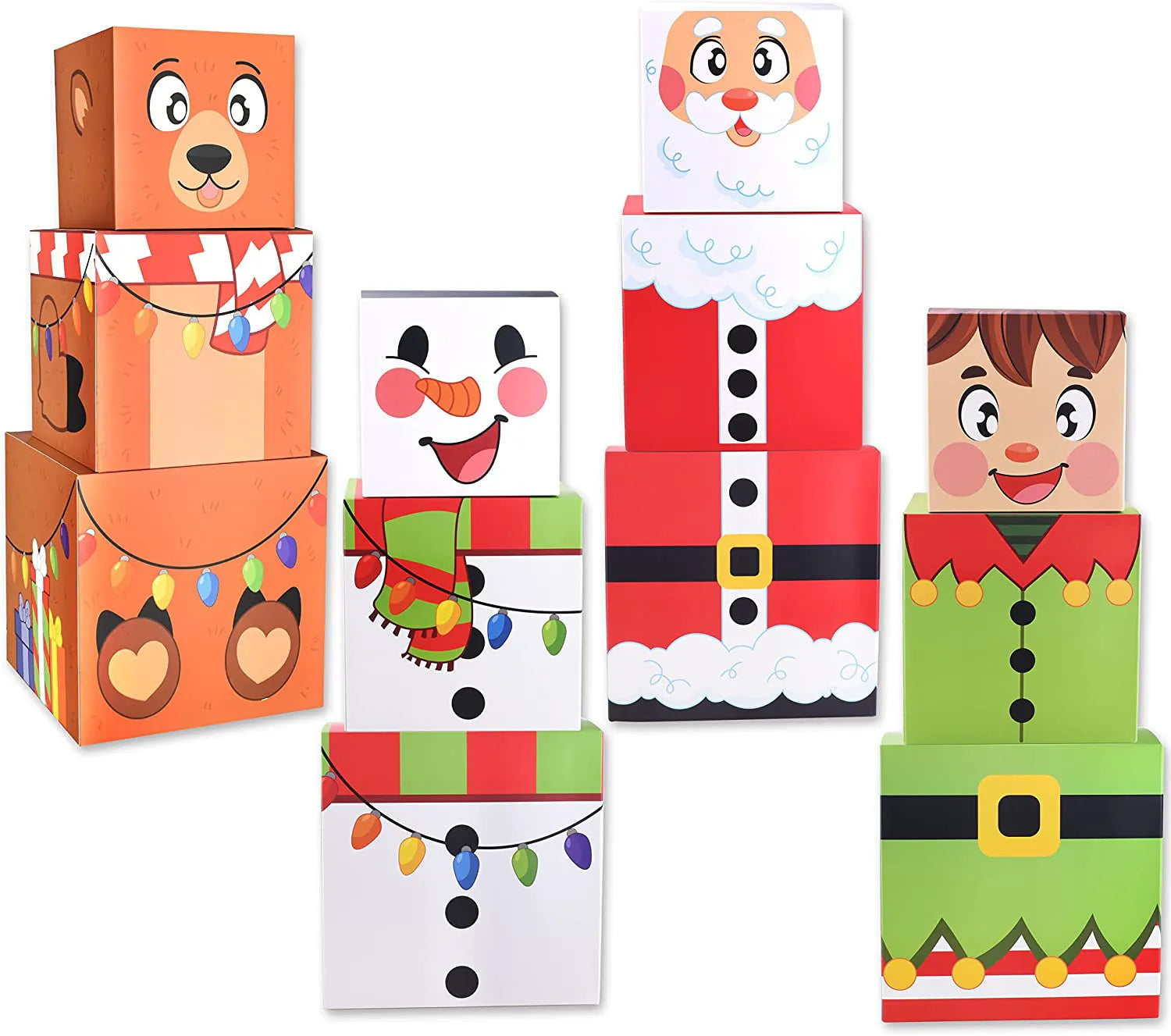 4 Christmas Characters Style Stacking Nesting Set of Boxes, 12 Pcs