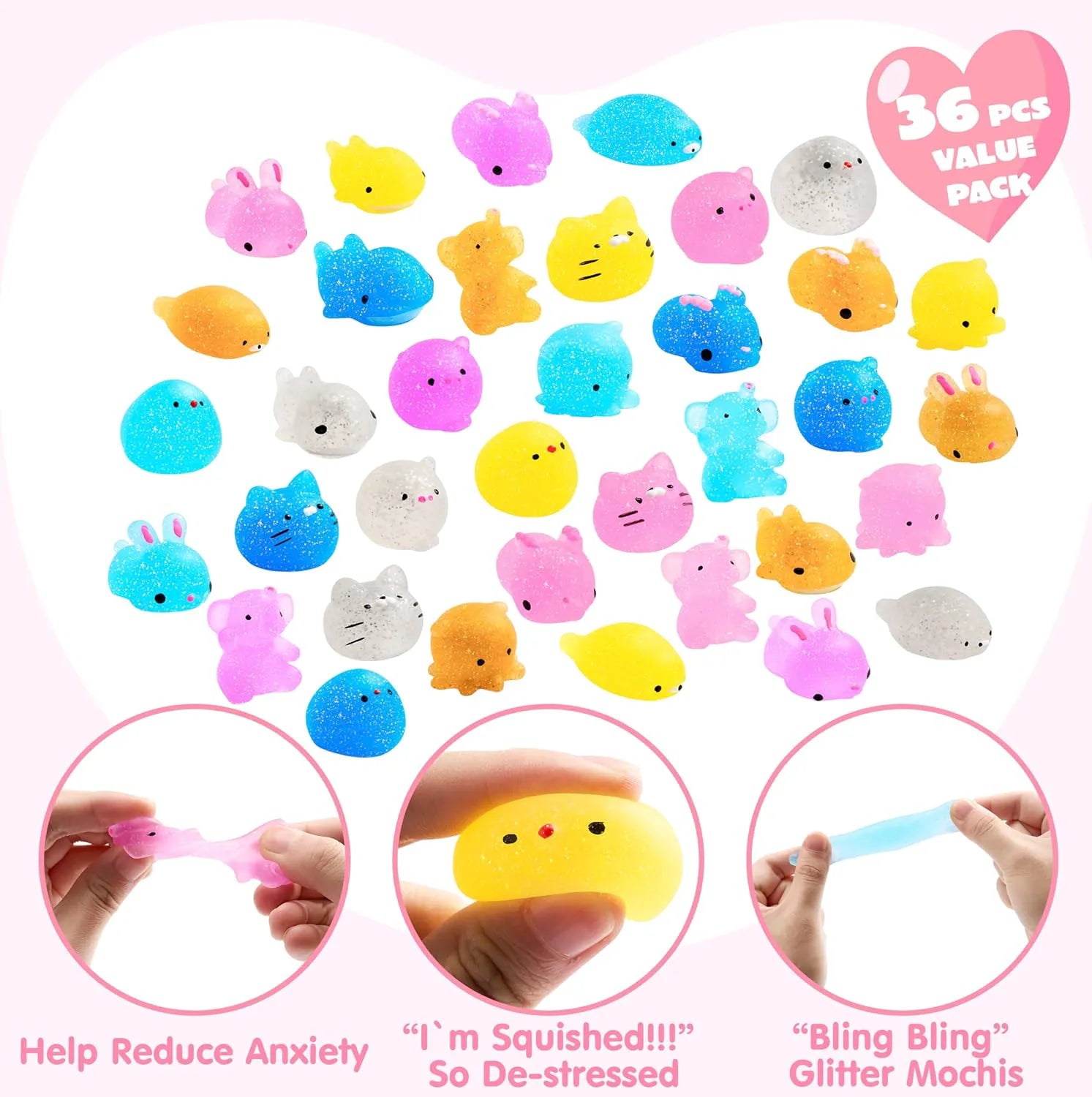 36-Pack Valentine's Day Gift Cards with Glitter Mochi Squishy Toys