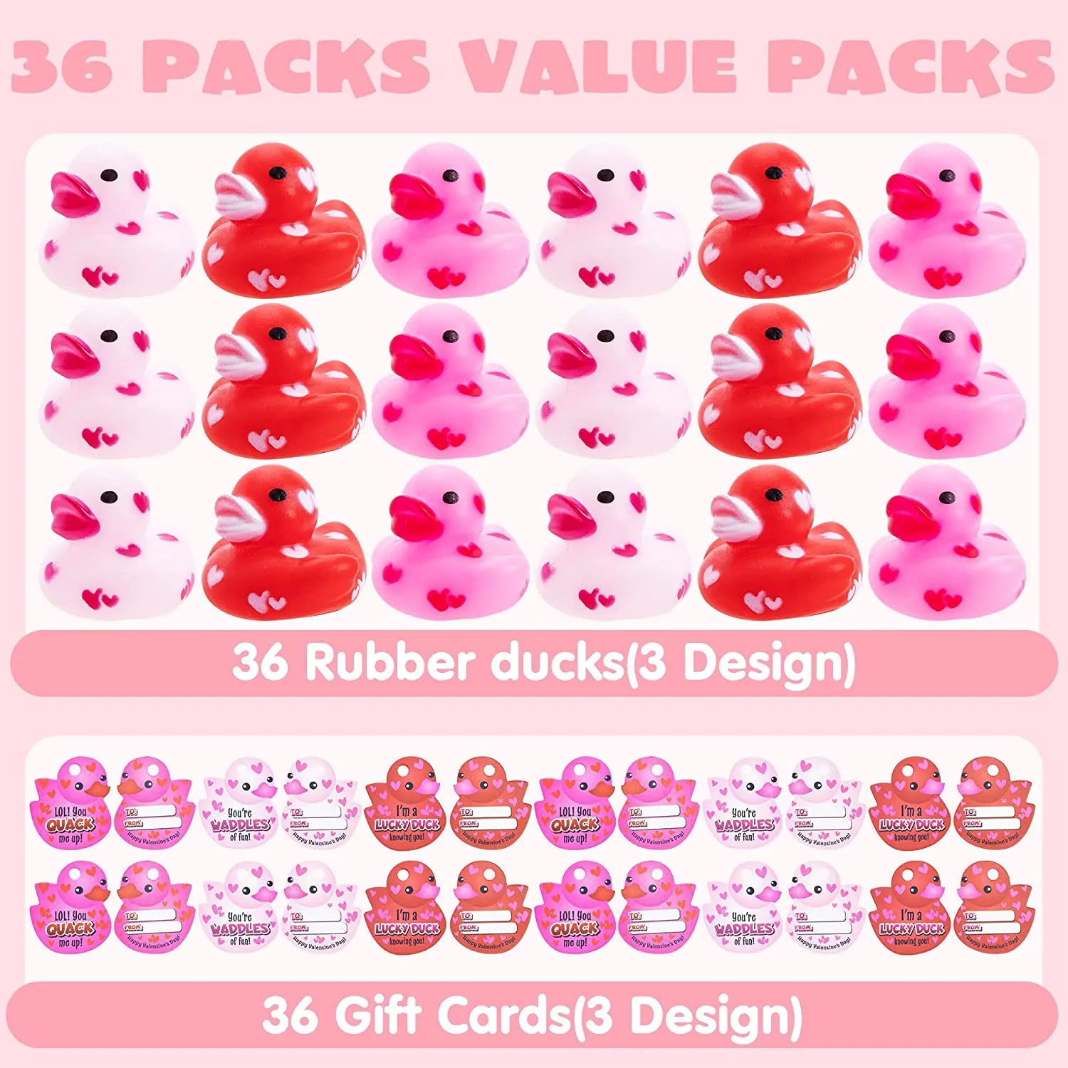 36 Pcs Kids Valentine's Day Cards with Rubber Ducks - Classroom Exchange Gifts