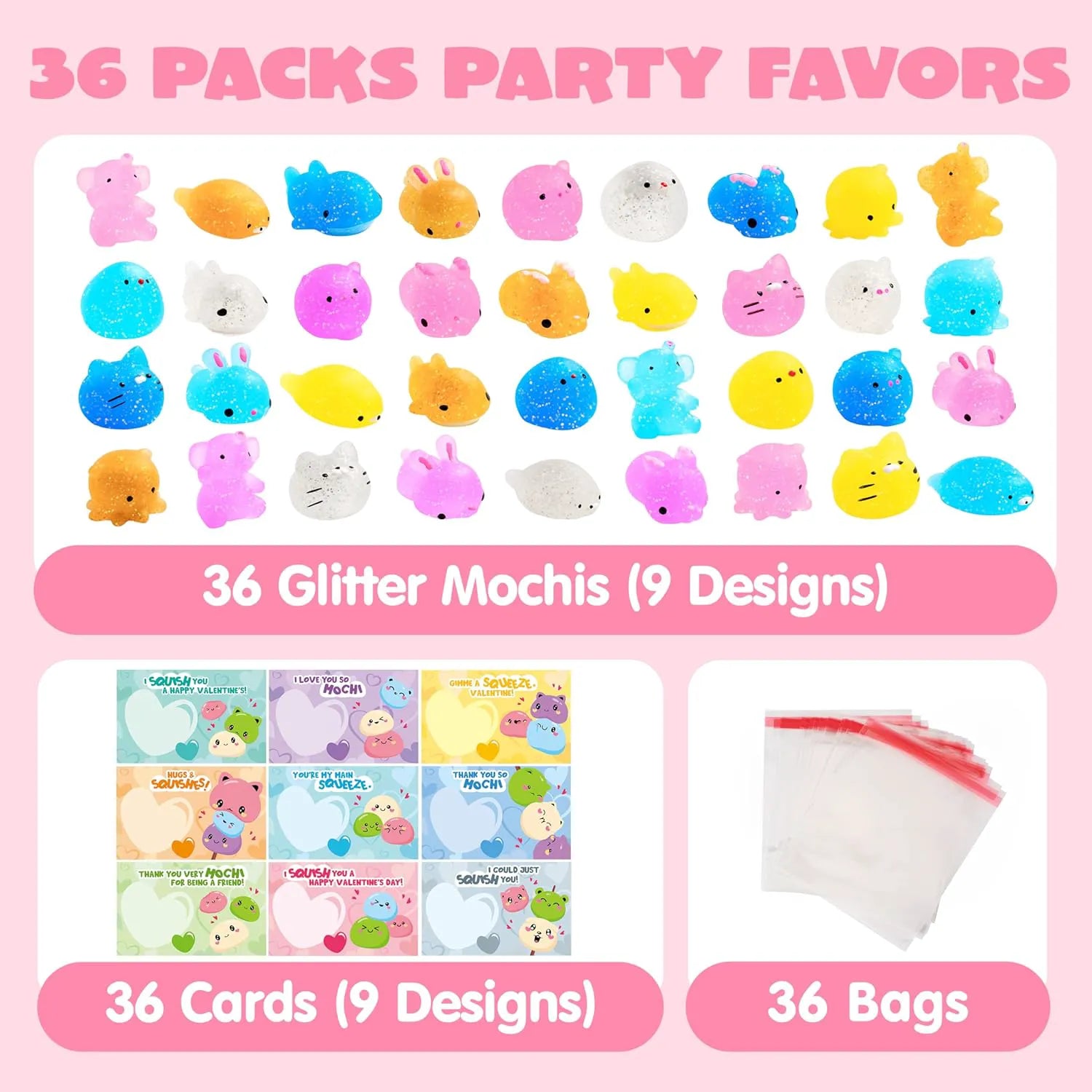 36-Pack Valentine's Day Gift Cards with Glitter Mochi Squishy Toys