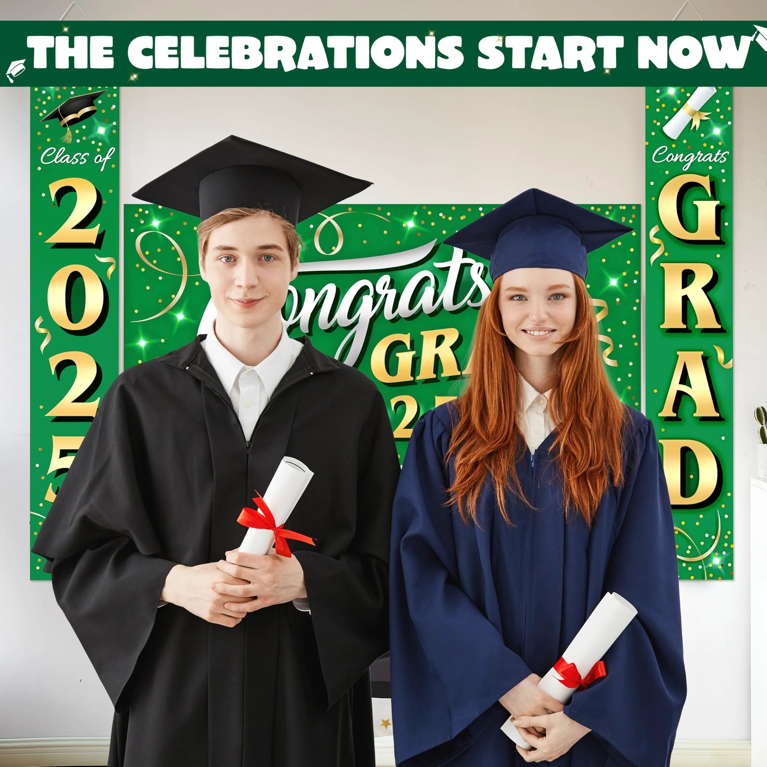 JOYIN 3 Pcs Graduation Decorations Class of 2025, Satin Fabric Congrats Grad Banner Set, Green & Gold Party Backdrop and Banner Hanging Porch Supplies for College Graduation Party Indoor Outdoor Decor