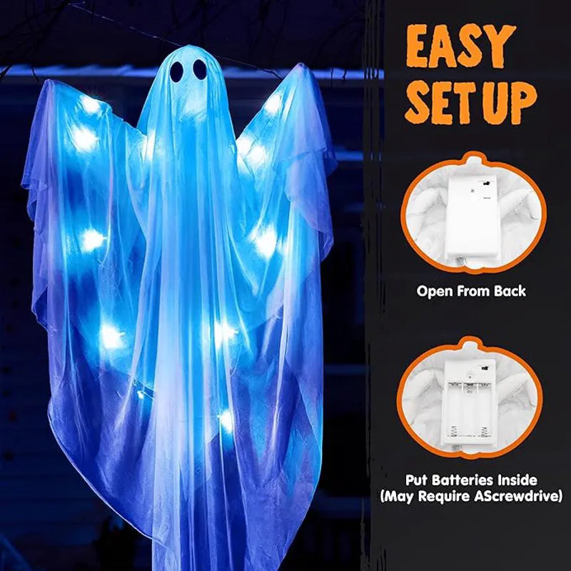 2 Pcs 35.4” Halloween Hanging Light-Up Ghost with Blue LED Lights