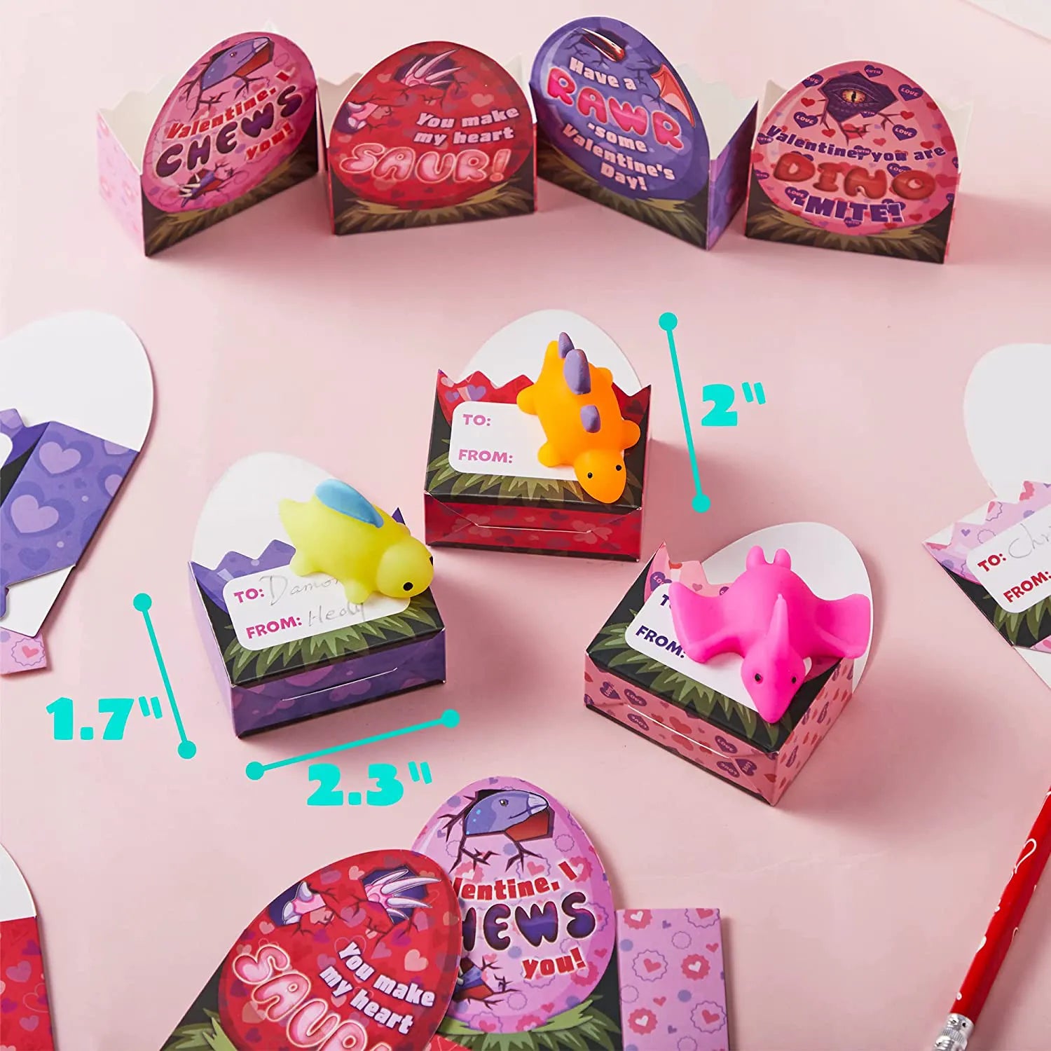 28-Pack Dinosaur Mochi Squishy Toys with Boxes - Valentine's Day Cards for Kids