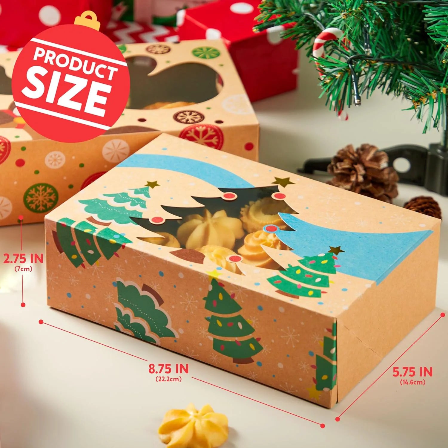 36 Foiled Kraft Christmas Cookie Boxes with Window, 8.5 x 5.75 x 2.75 Inches