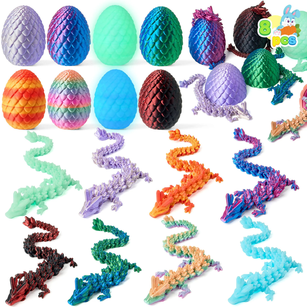 8 Pack 3D Printed Dragon Eggs with Articulated Colorful Dragons, Easter Party Favors for Kids