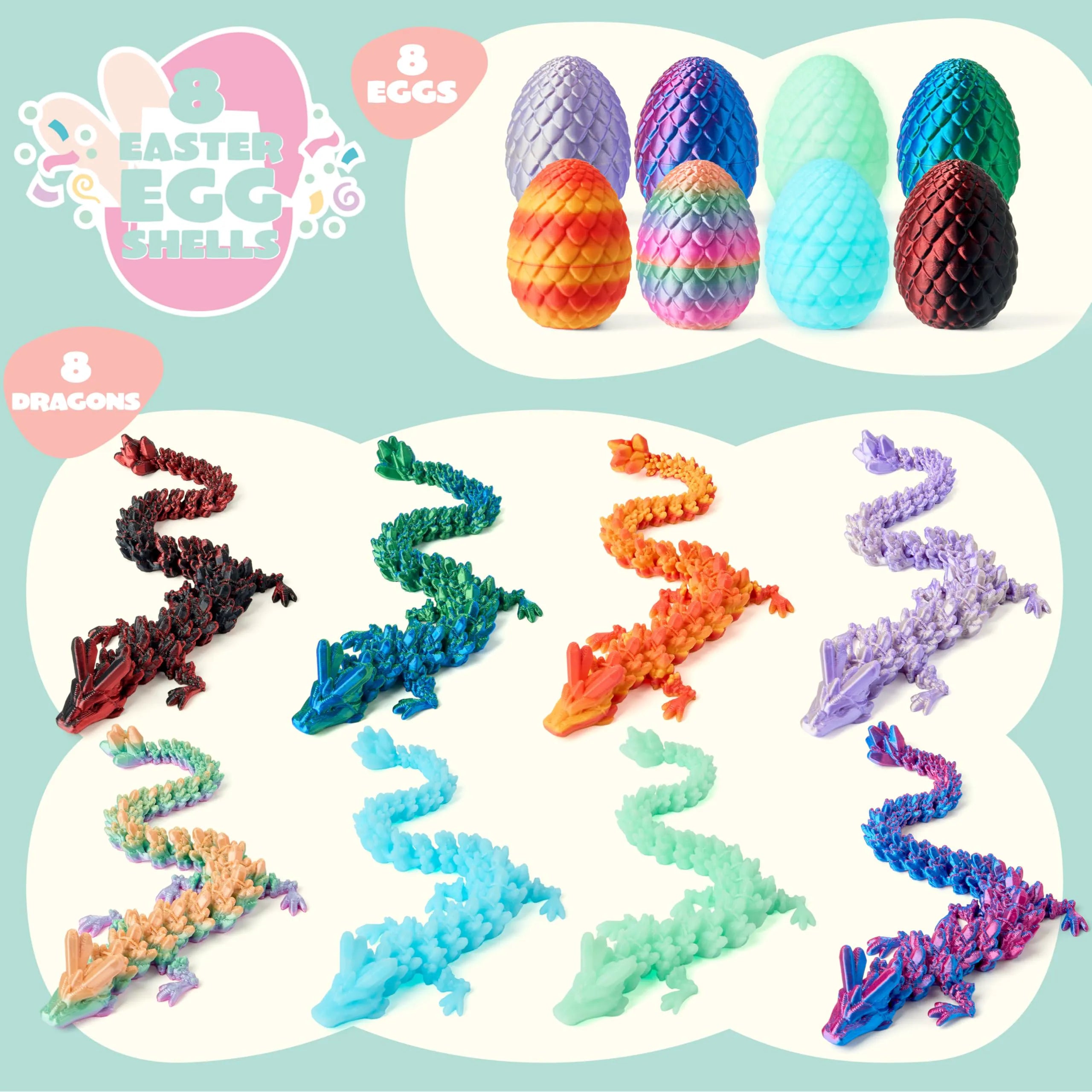 8 Pack 3D Printed Dragon Eggs with Articulated Colorful Dragons, Easter Party Favors for Kids