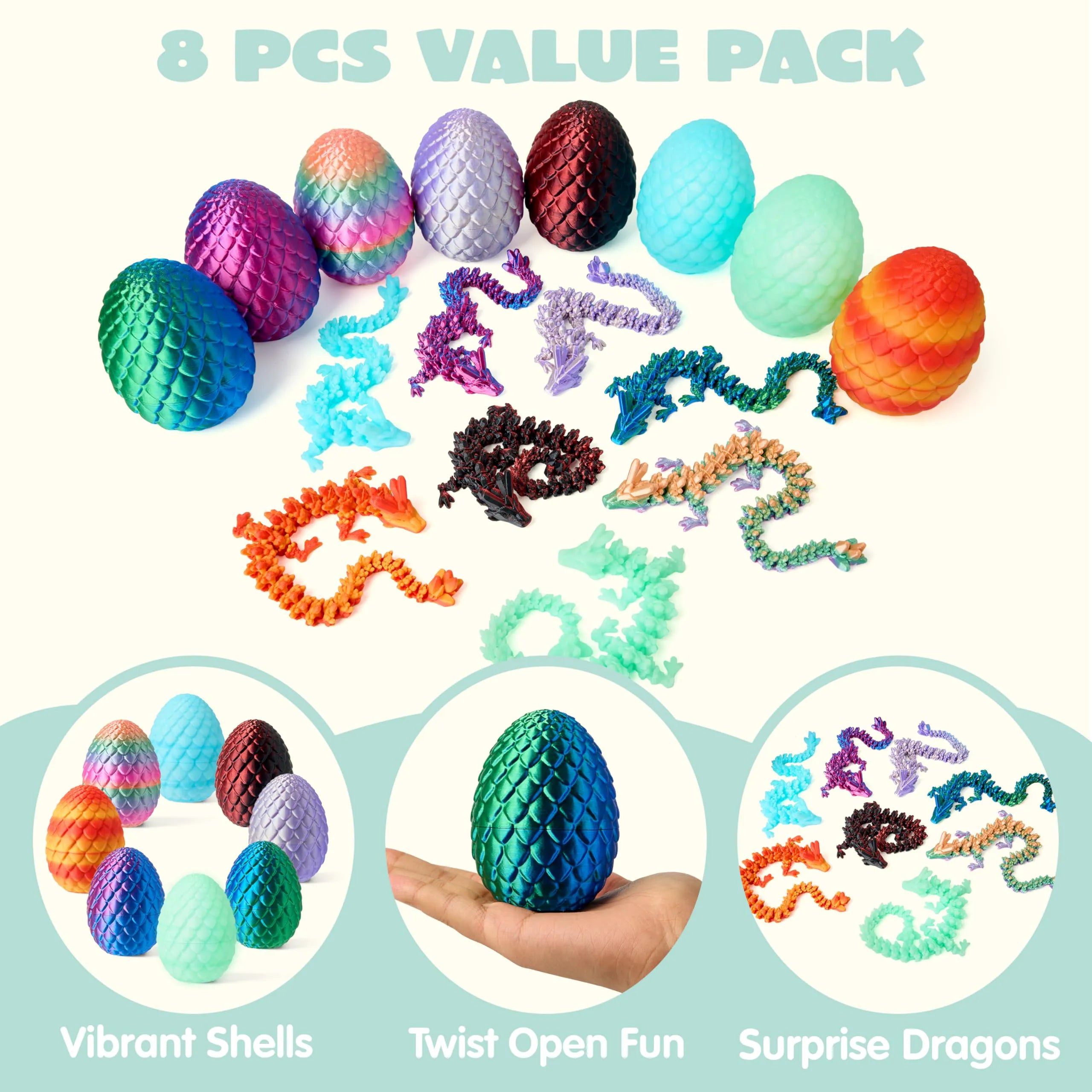 8 Pack 3D Printed Dragon Eggs with Articulated Colorful Dragons, Easter Party Favors for Kids