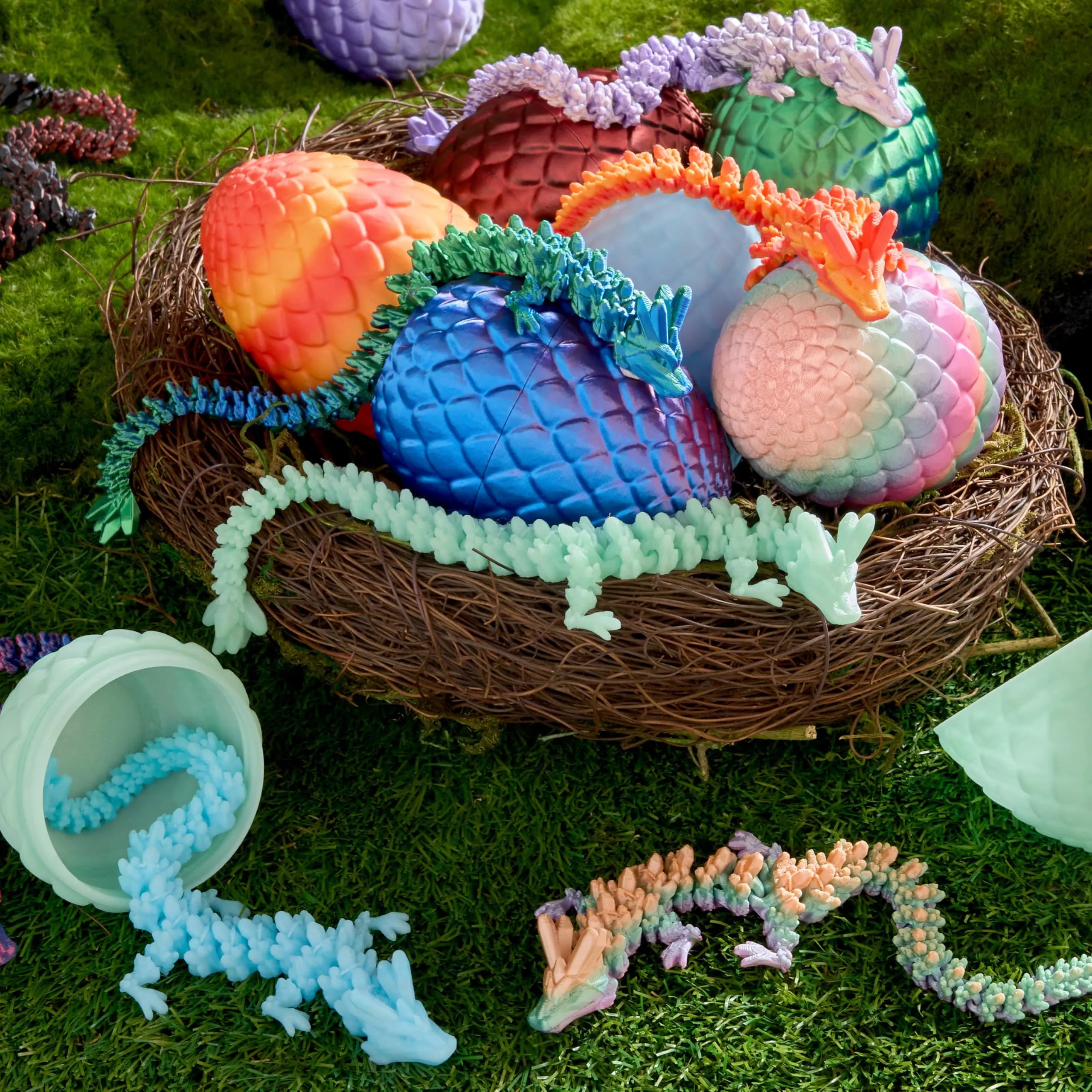 8 Pack 3D Printed Dragon Eggs with Articulated Colorful Dragons, Easter Party Favors for Kids