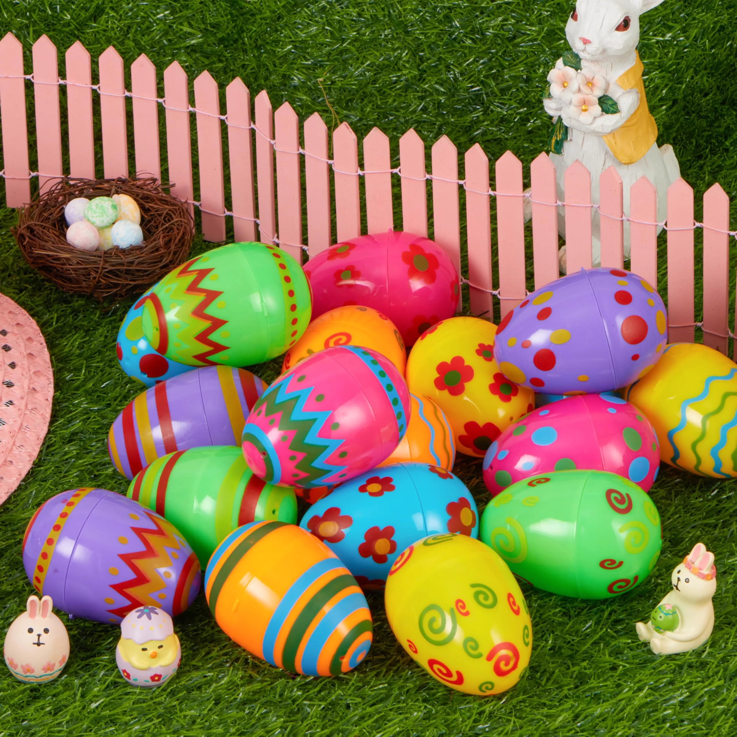36 Plastic Printed Bright Easter Eggs, 3.15 Inches Tall