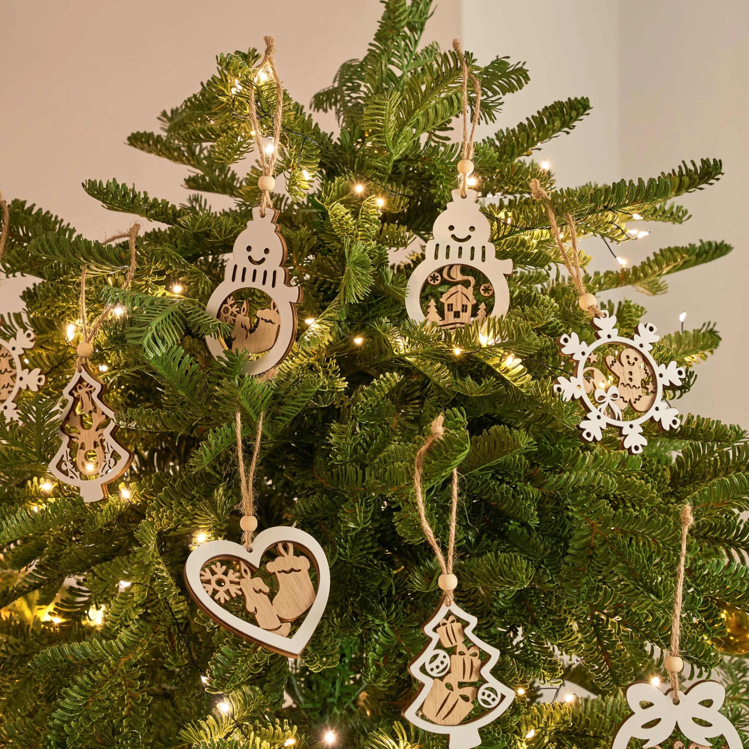 24 Pcs Christmas Wooden Carved Hanging Ornaments for Holiday Decor