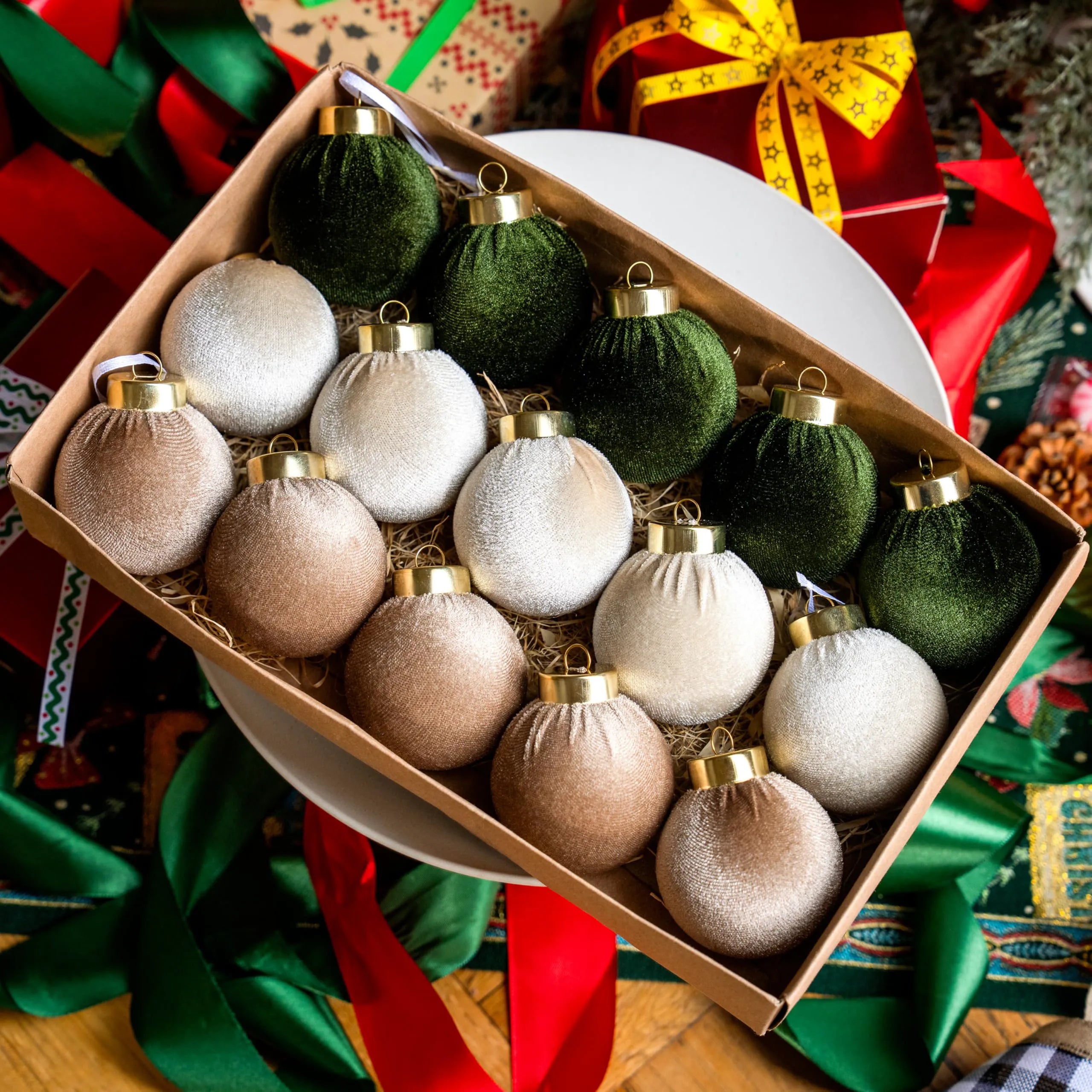 15 Pcs Christmas Velvet Ball Ornaments Set, 2.36" Green Brown Neutral