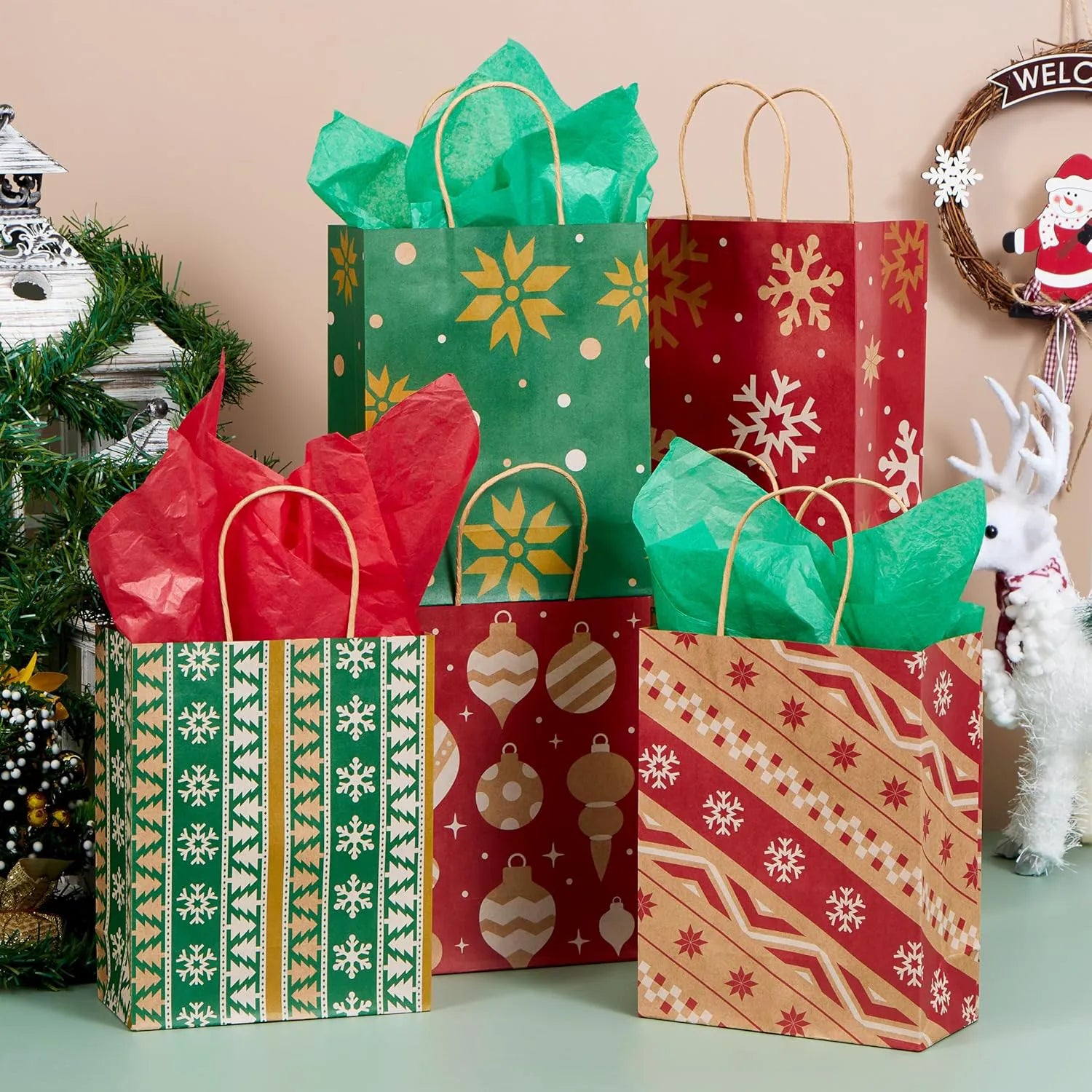 24 PCS Christmas Kraft Paper Gift Bags with Handles for Holiday Wrapping and Party Favors