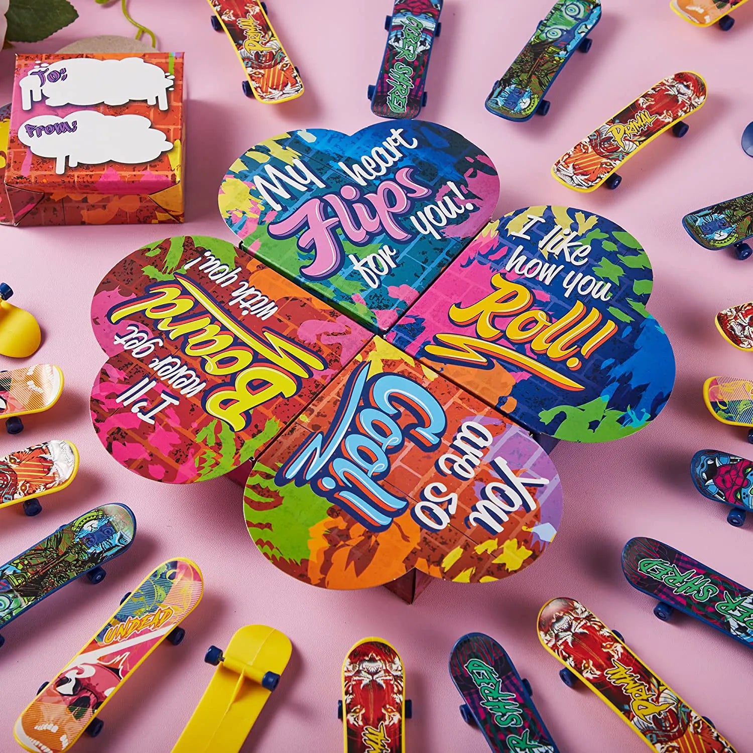 28 Mini Skateboards in Boxes with Kids Valentine's Cards for Classroom Exchange