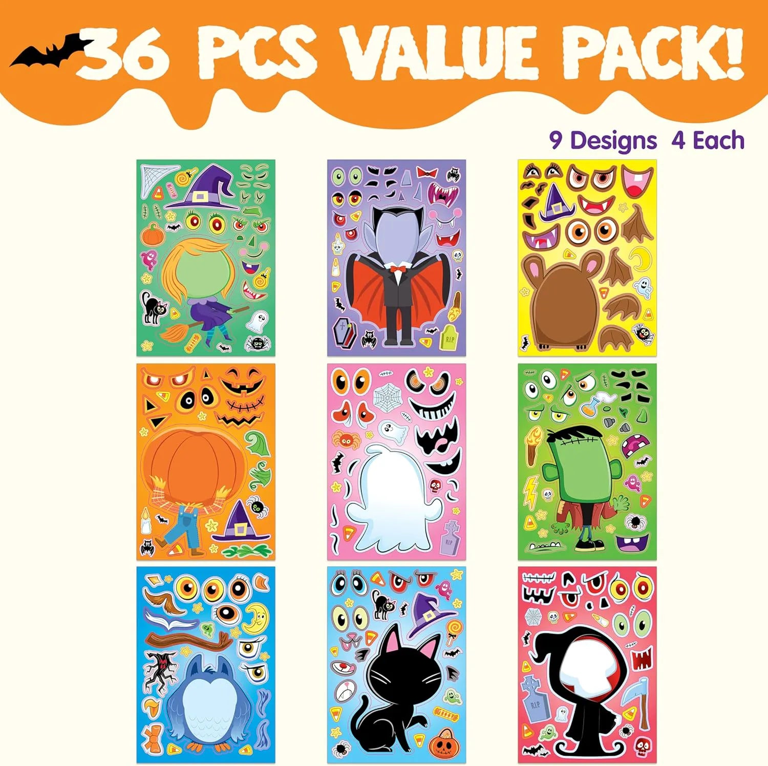36 Pcs Halloween Make-a-Face Stickers for Kids