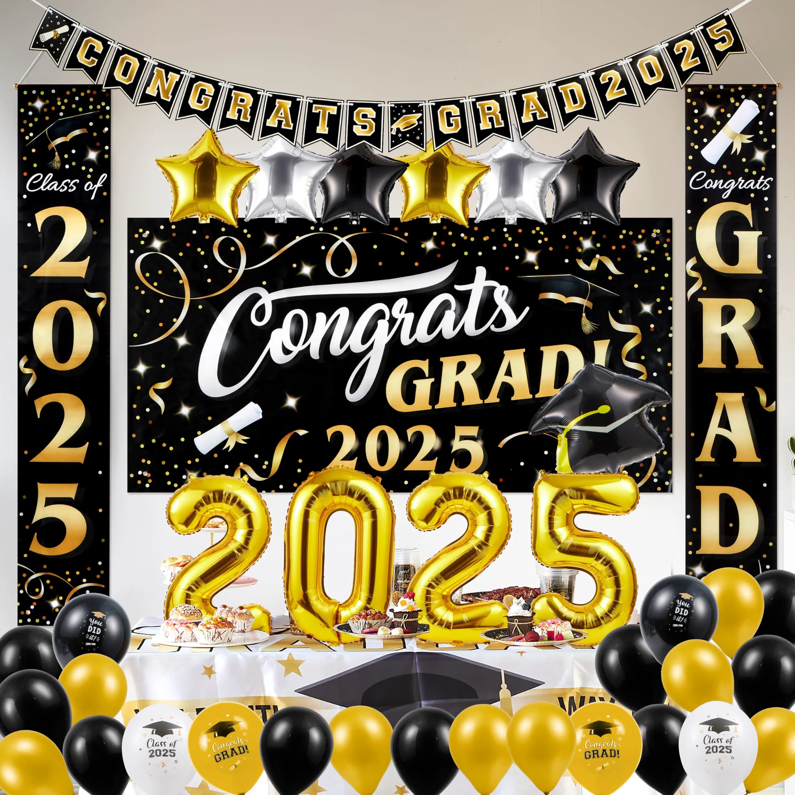 JOYIN Graduation Party Decorations Class of 2025, Black & Gold Grad Celebration Supplies Set with Backdrop Banner, Porch Sign, Balloons, Foil Number 2025, Hanging Strip for High School College Grad