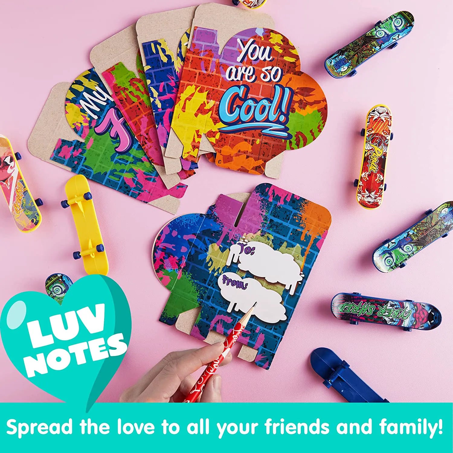 28 Mini Skateboards in Boxes with Kids Valentine's Cards for Classroom Exchange