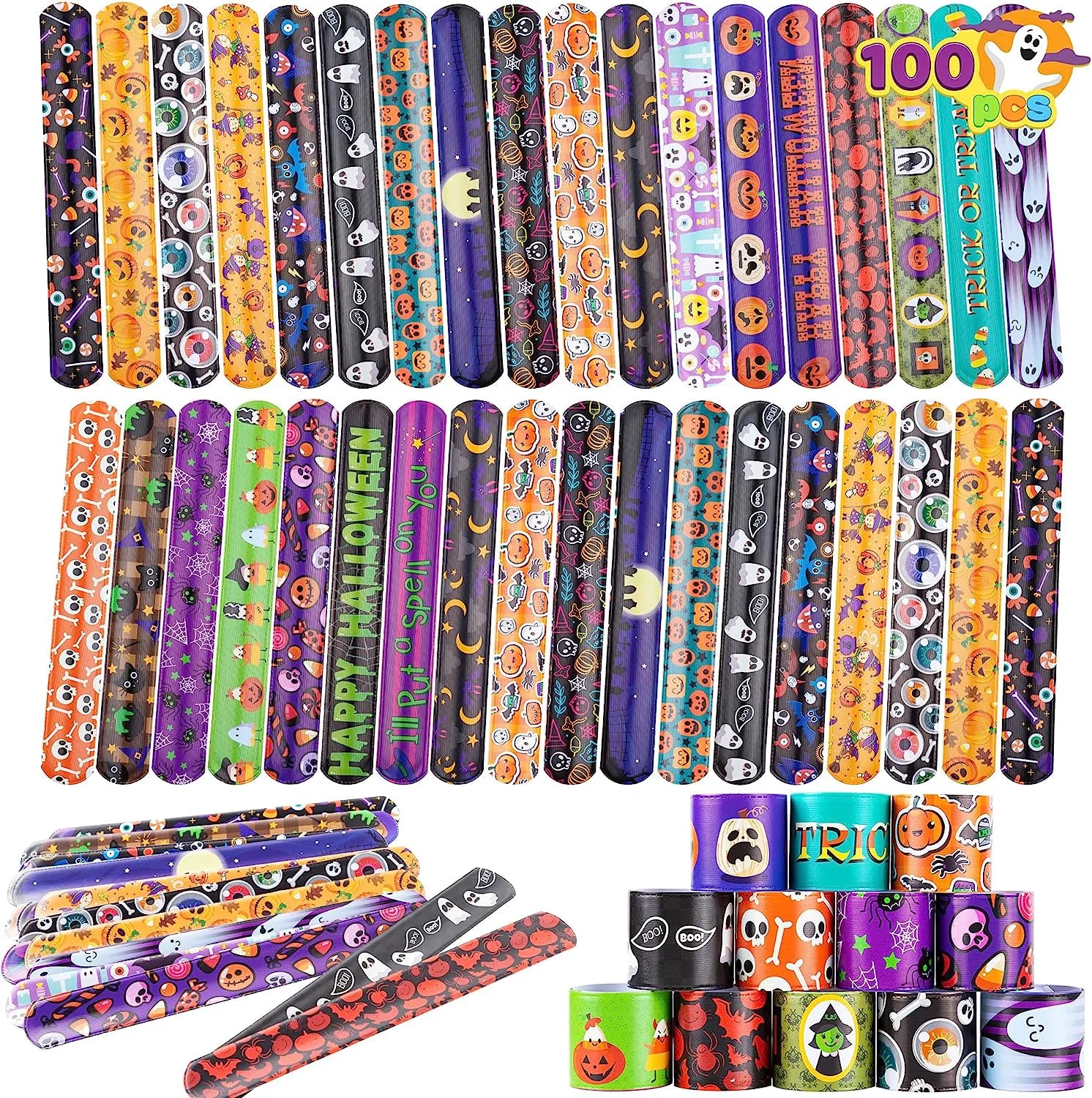 100 Pack Halloween Friendship Slap Bracelets for Kids