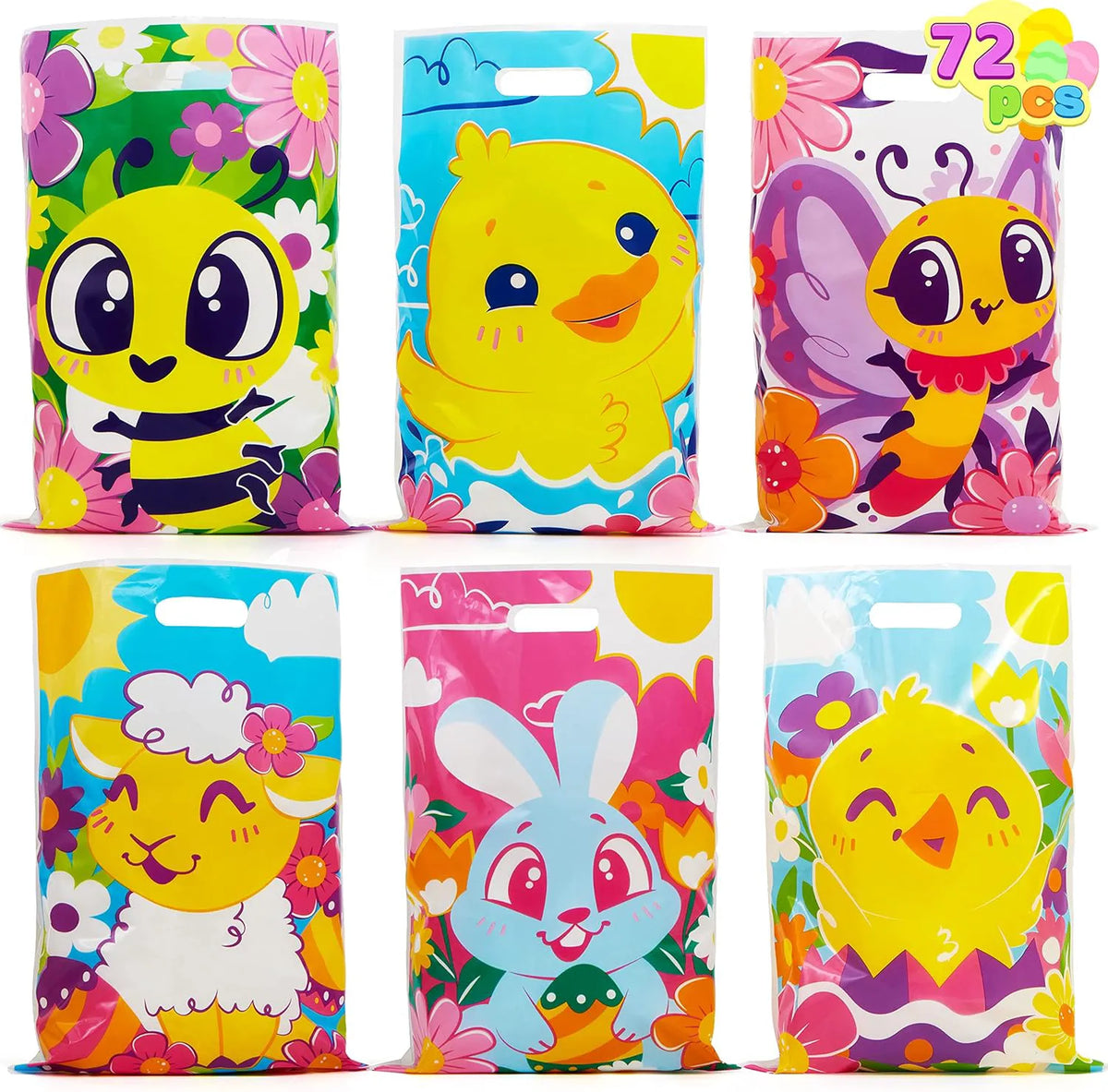 JOYIN 72 Pack Easter Plastic Gift Bags with Animal Flower Easter Party Supplies for Kids