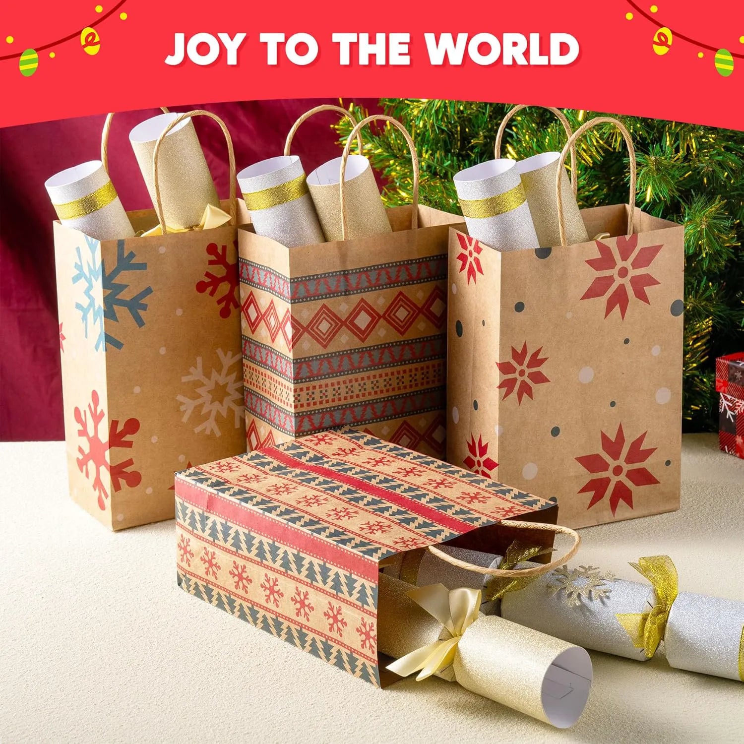 24 PCS Christmas Kraft Gift Bags with Durable Handles and Non-Breaking Bottoms for Holiday Gifts