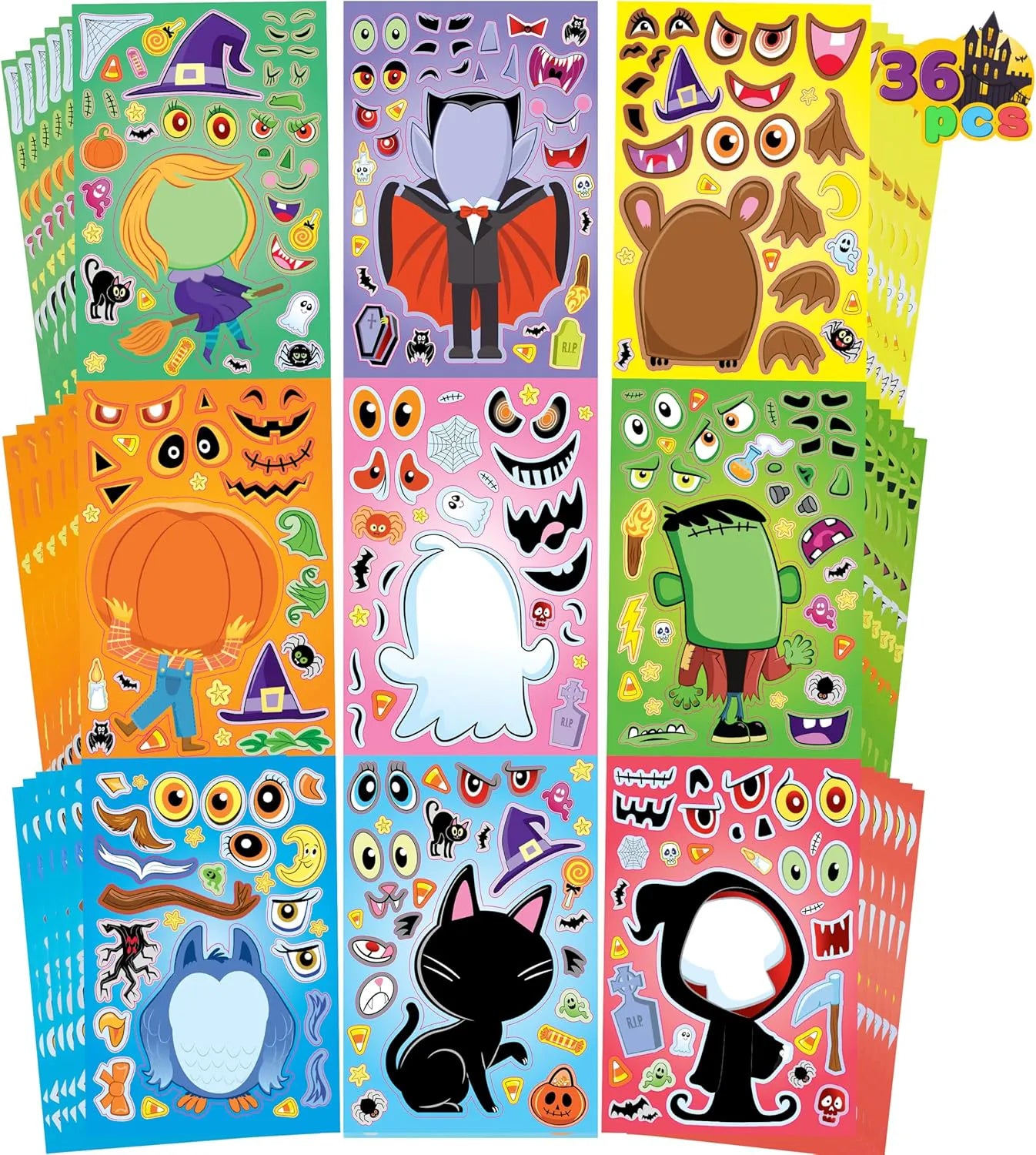 36 Pcs Halloween Make-a-Face Stickers for Kids