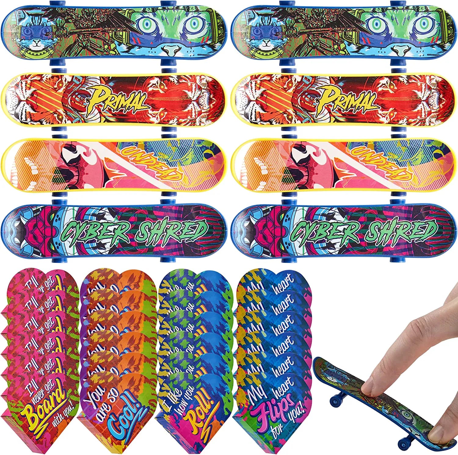 28 Mini Skateboards in Boxes with Kids Valentine's Cards for Classroom Exchange