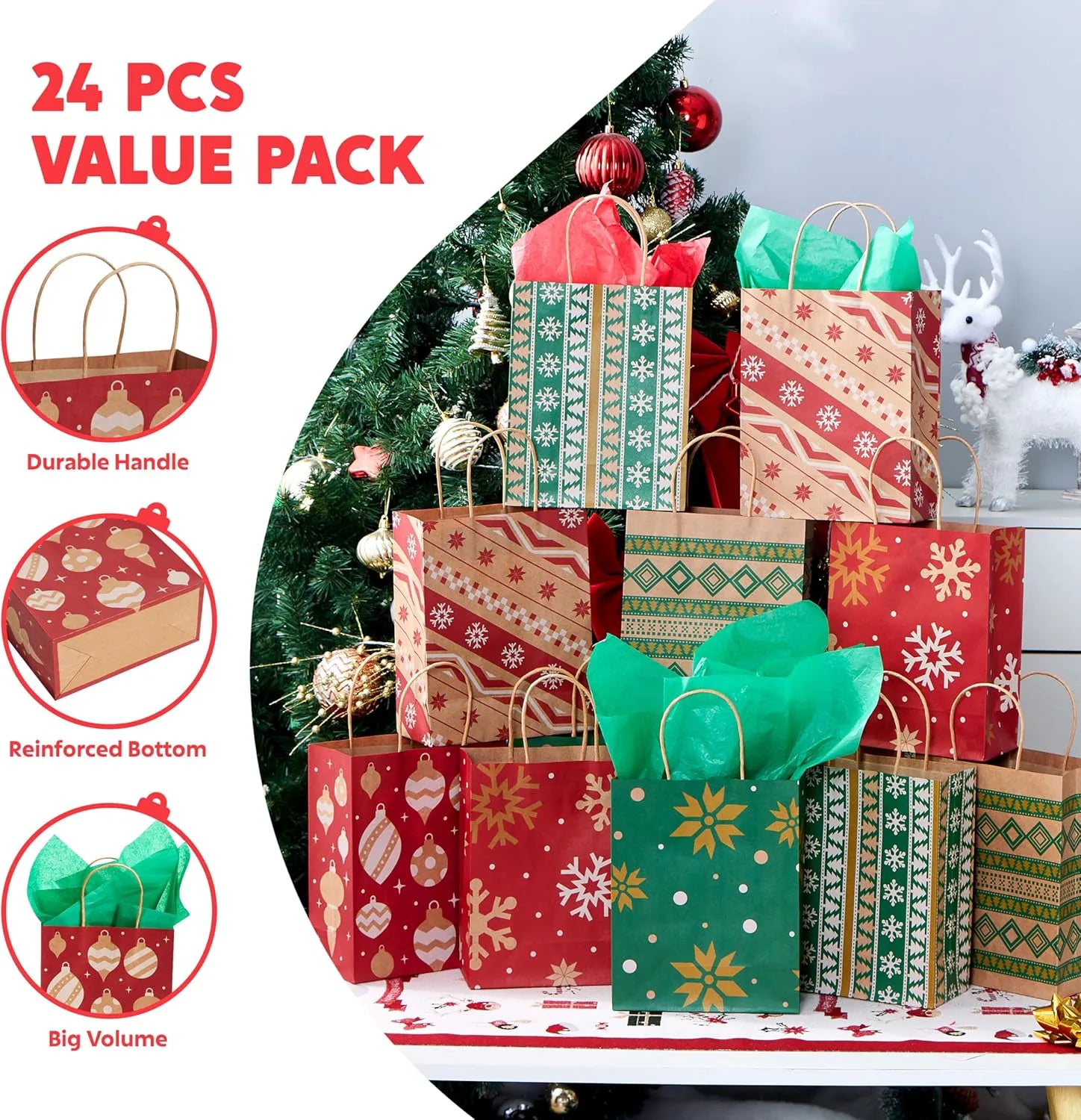 24 PCS Christmas Kraft Paper Gift Bags with Handles for Holiday Wrapping and Party Favors