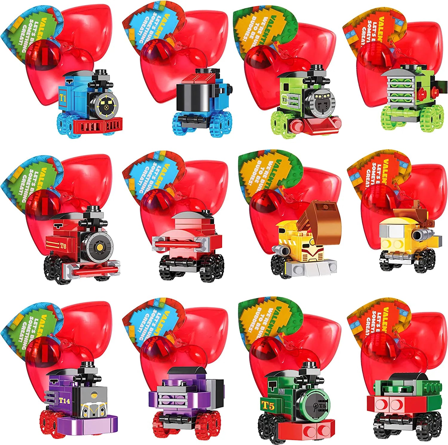 24 Prefilled Heart Building Blocks with Train & Valentine's Day Cards for Kids Classroom Exchange Gifts