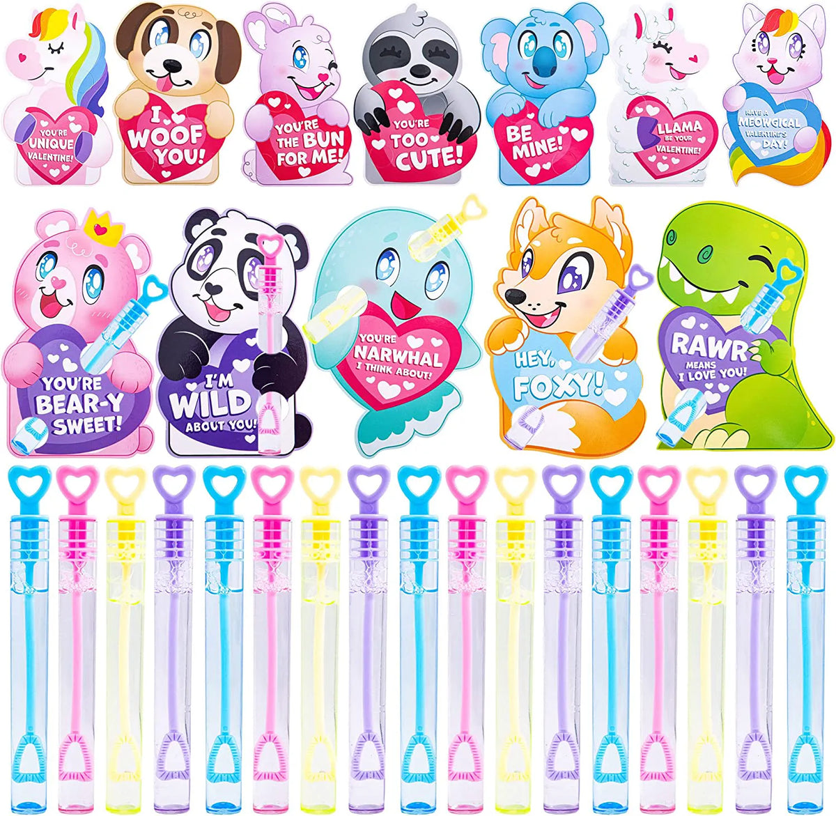 36-Pack Kids Valentine's Cards with Mini Bubble Maker Wands - Classroom Exchange Gifts