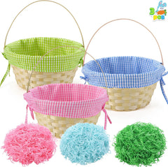 3-Pack Easter Baskets with Plaid Lining, Handles & 3-Color Grass Shreds for Egg Hunts