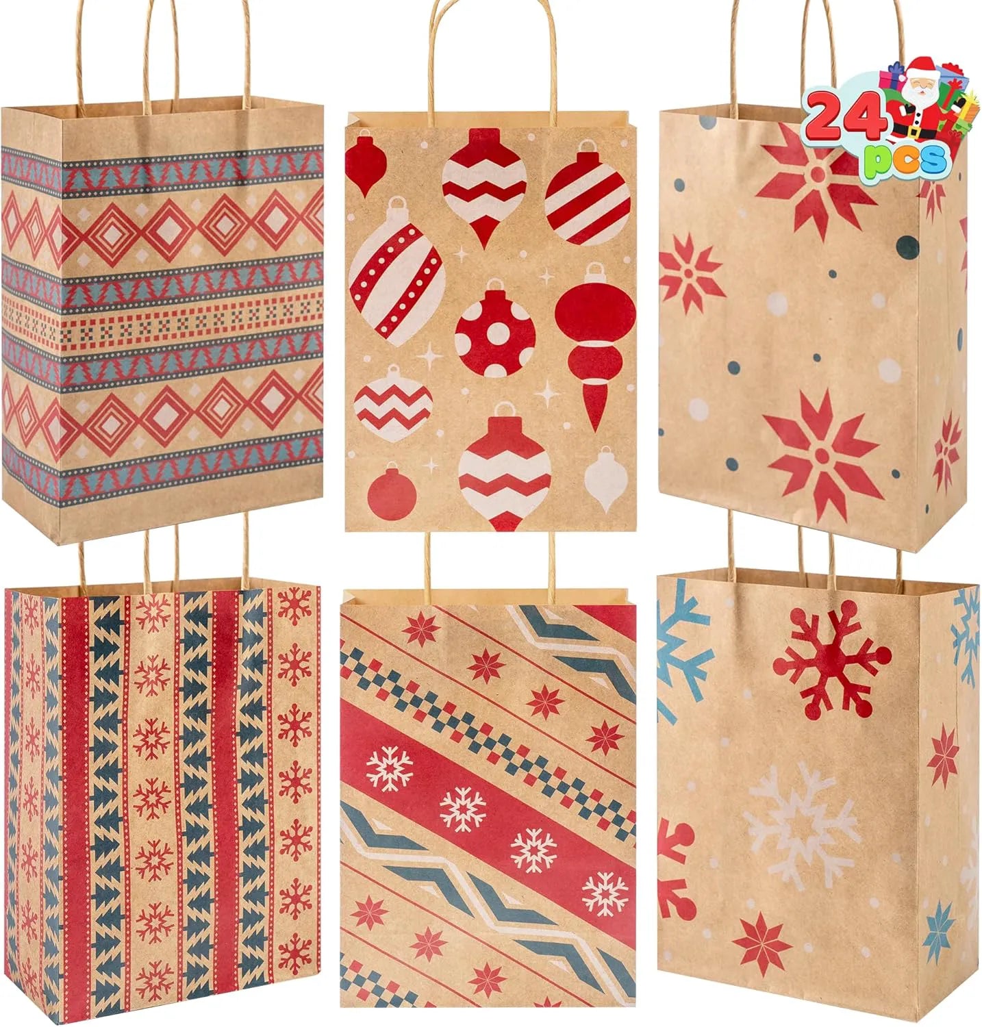 24 PCS Christmas Kraft Gift Bags with Durable Handles and Non-Breaking Bottoms for Holiday Gifts