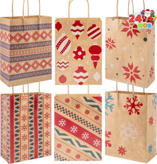 24 PCS Christmas Kraft Gift Bags with Durable Handles and Non-Breaking Bottoms for Holiday Gifts