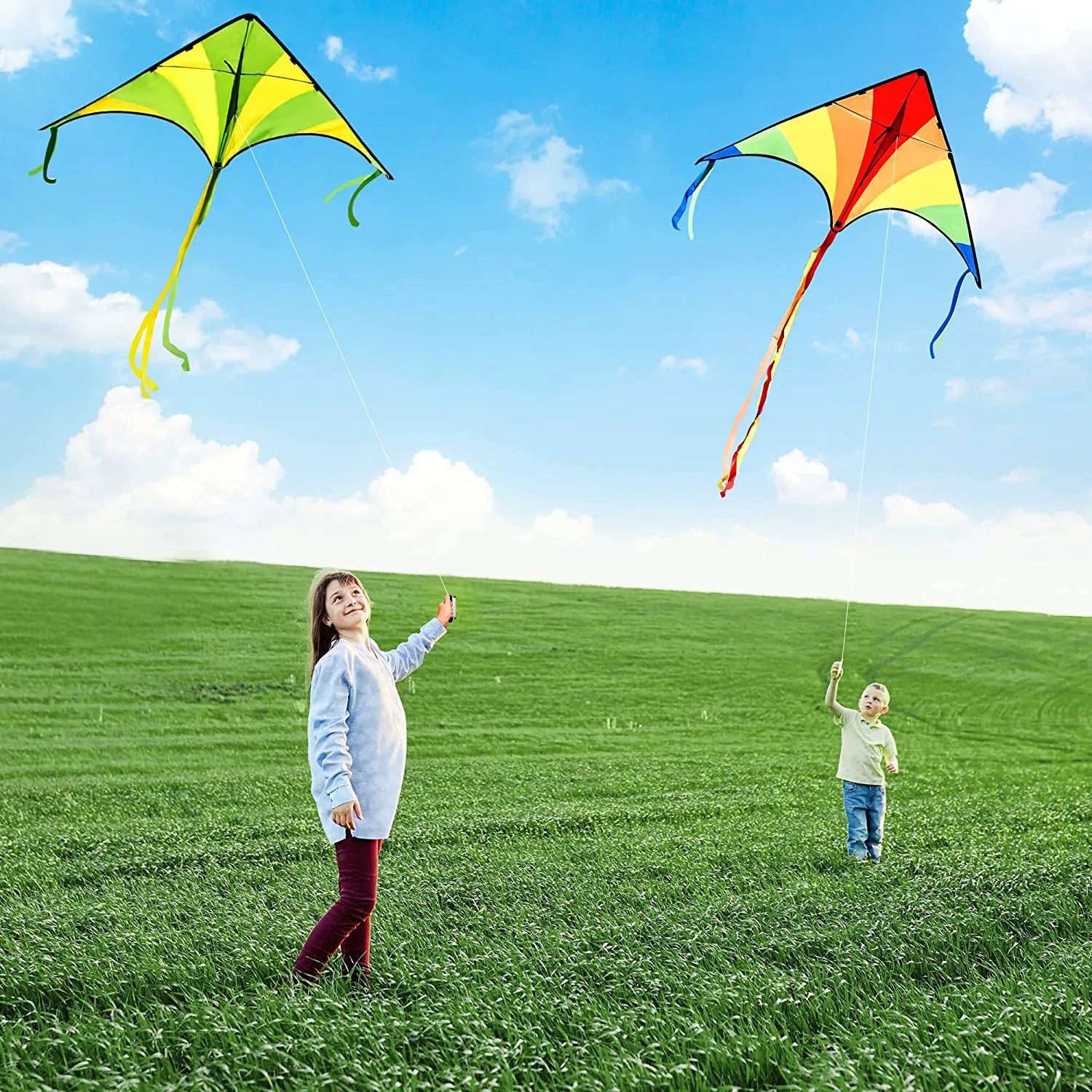 3-Pack Big Delta Kite Set (Green, Blue & Rainbow) with 262.5ft Kite String