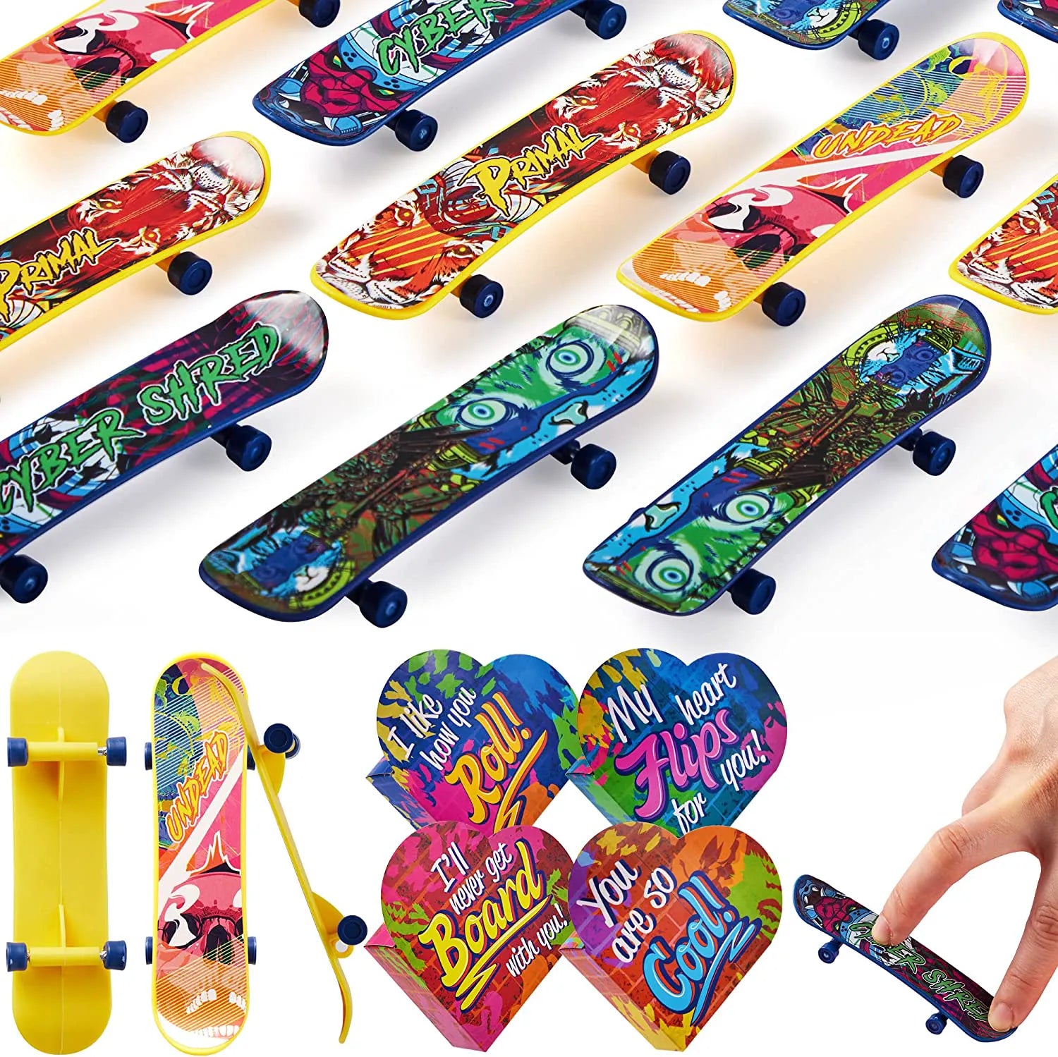 28 Mini Skateboards in Boxes with Kids Valentine's Cards for Classroom Exchange