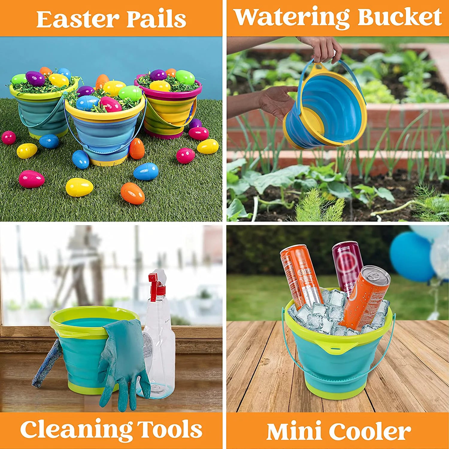 3 Pack Foldable Pail Buckets with Shovels (Bonus Mesh Bag)