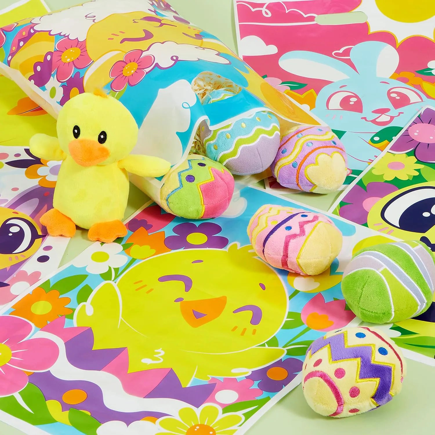 JOYIN 72 Pack Easter Plastic Gift Bags with Animal Flower Easter Party Supplies for Kids