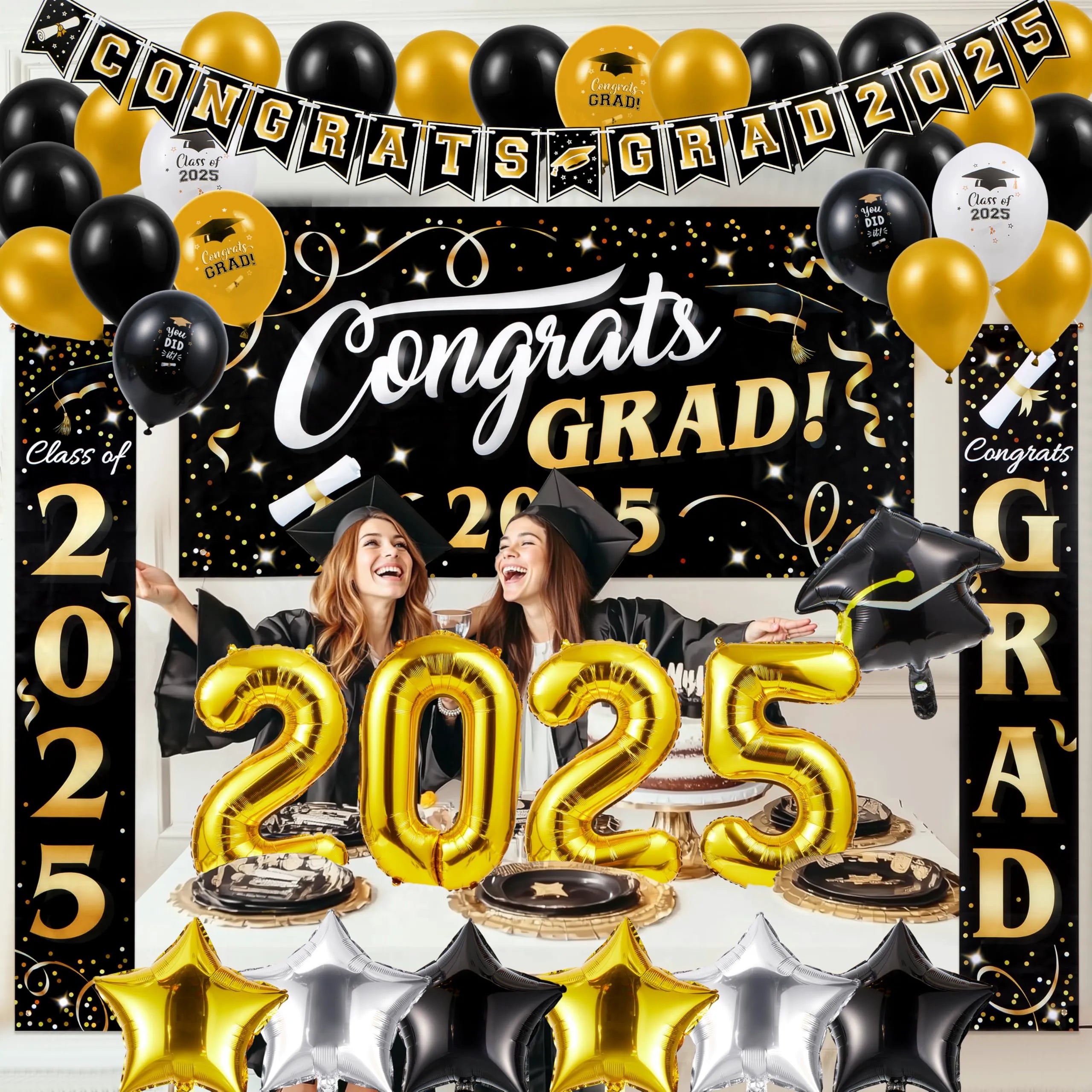 JOYIN Graduation Party Decorations Class of 2025, Black & Gold Grad Celebration Supplies Set with Backdrop Banner, Porch Sign, Balloons, Foil Number 2025, Hanging Strip for High School College Grad